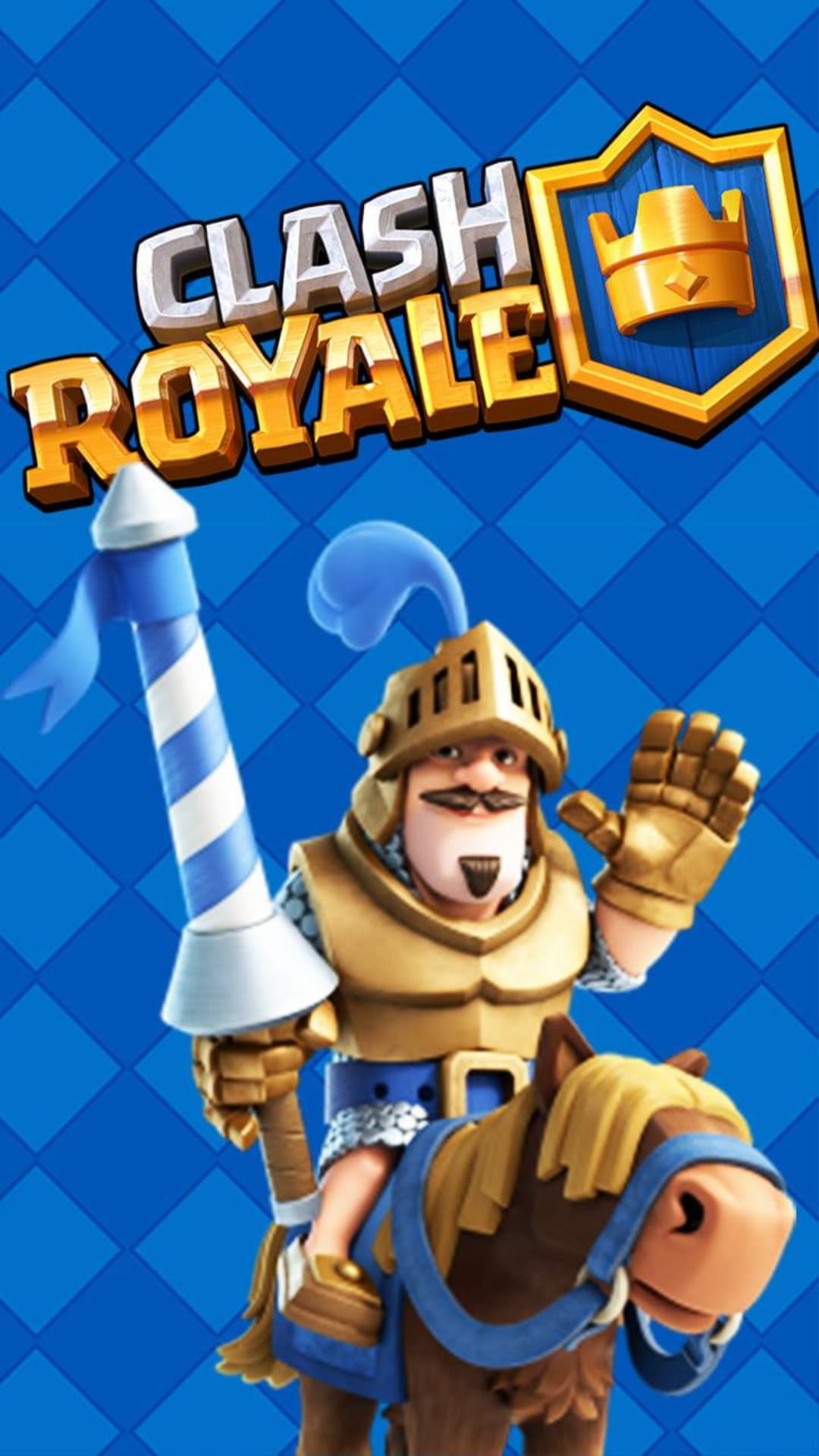 Knight on a horse holding a blue striped banner in front of a golden crown and blue checkered background.