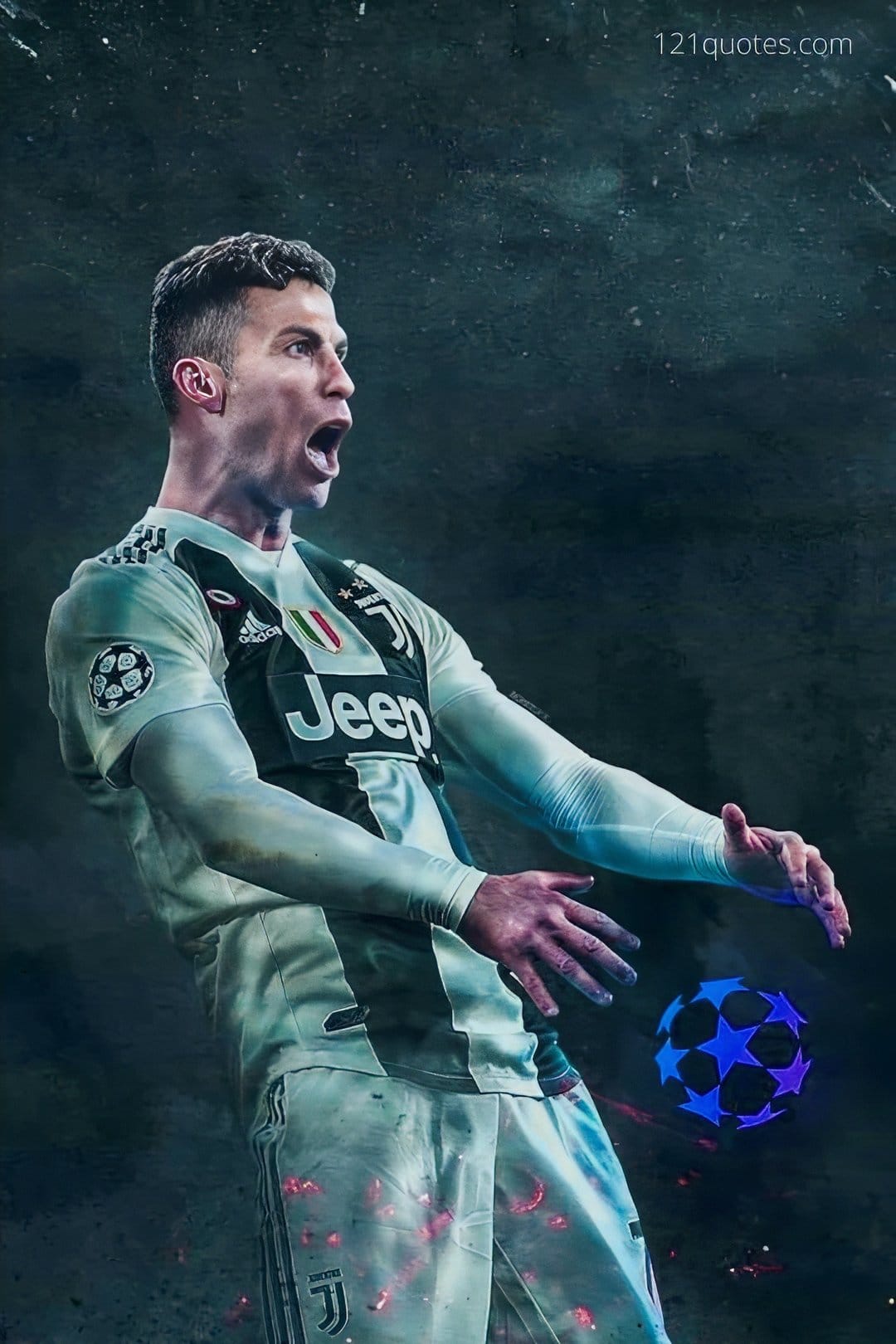 Cristiano Ronaldo shouting in a black and white Juventus jersey next to a glowing Champions League soccer ball.
