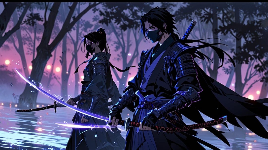 Two masked ninjas hold glowing purple katanas while standing in shallow water within a dark forest at night.