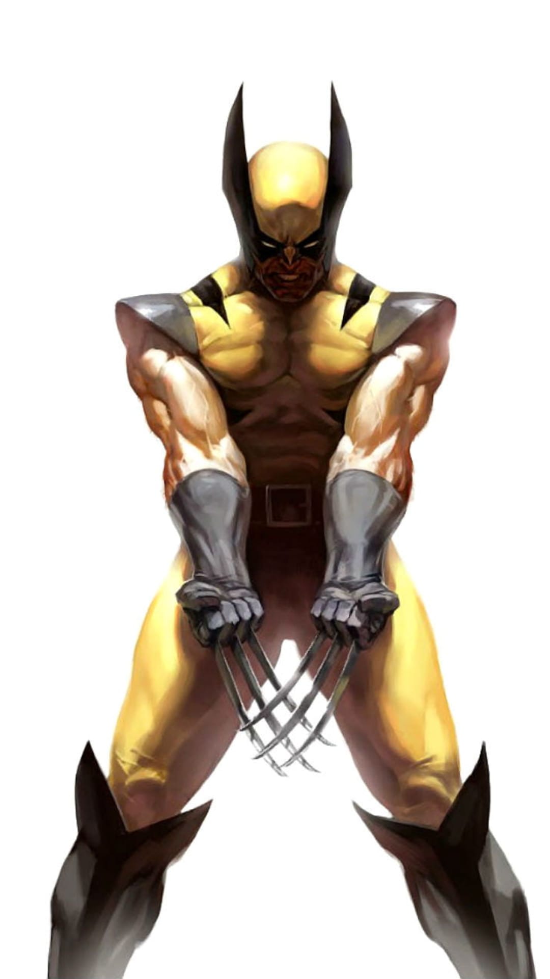 Wolverine wearing a yellow and black suit extends his metal claws while flexing in a dynamic combat stance.