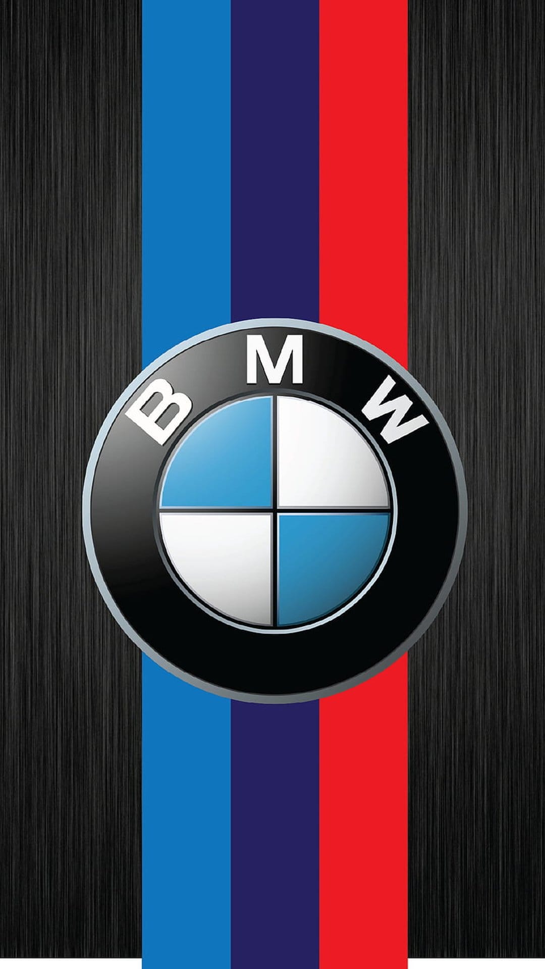 BMW M logo centered on black brushed metal with vertical blue, navy, and red stripes for mobile screen displays.