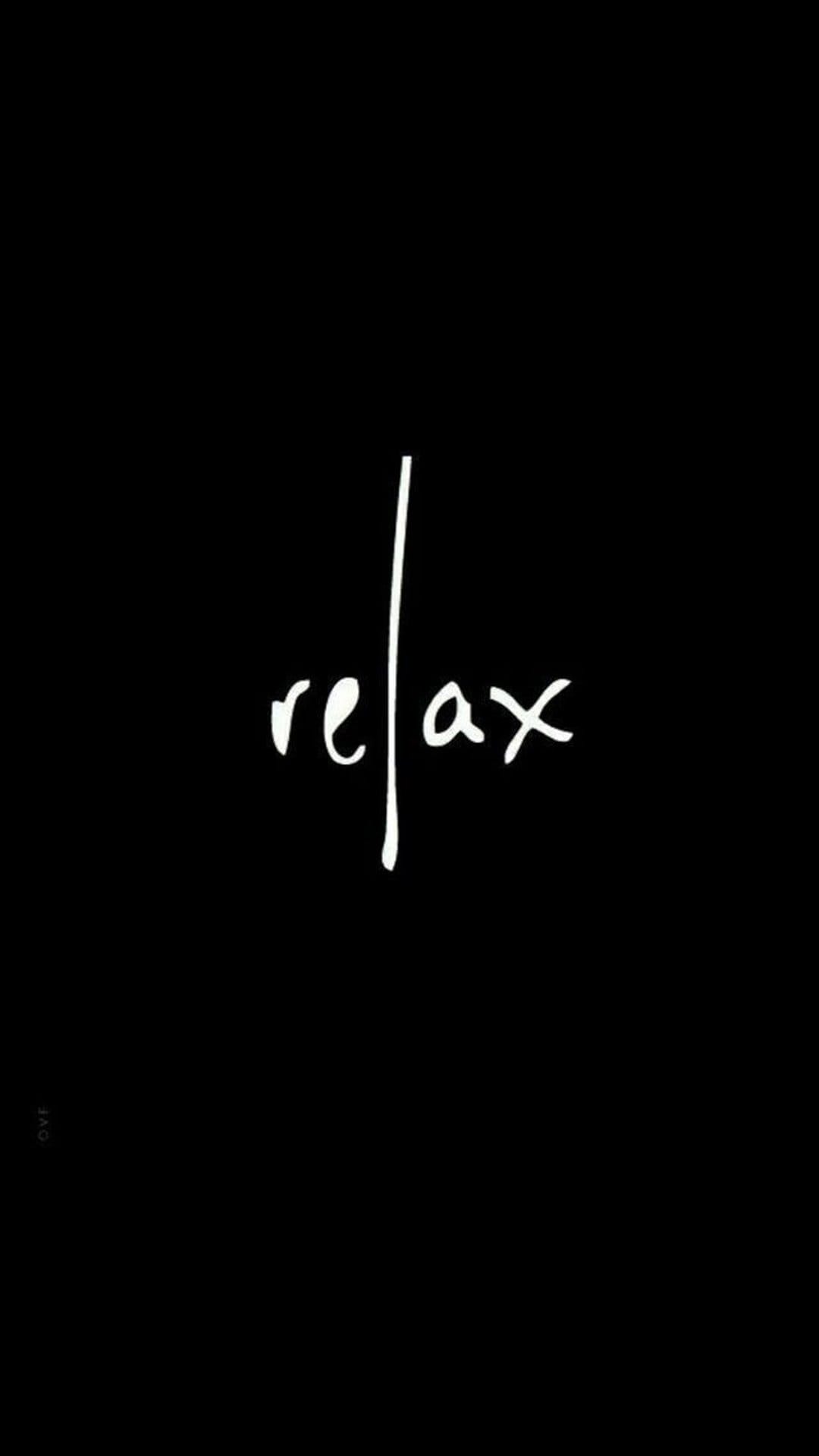 Relax text in white cursive script on a solid black background with a thin vertical line through the center.