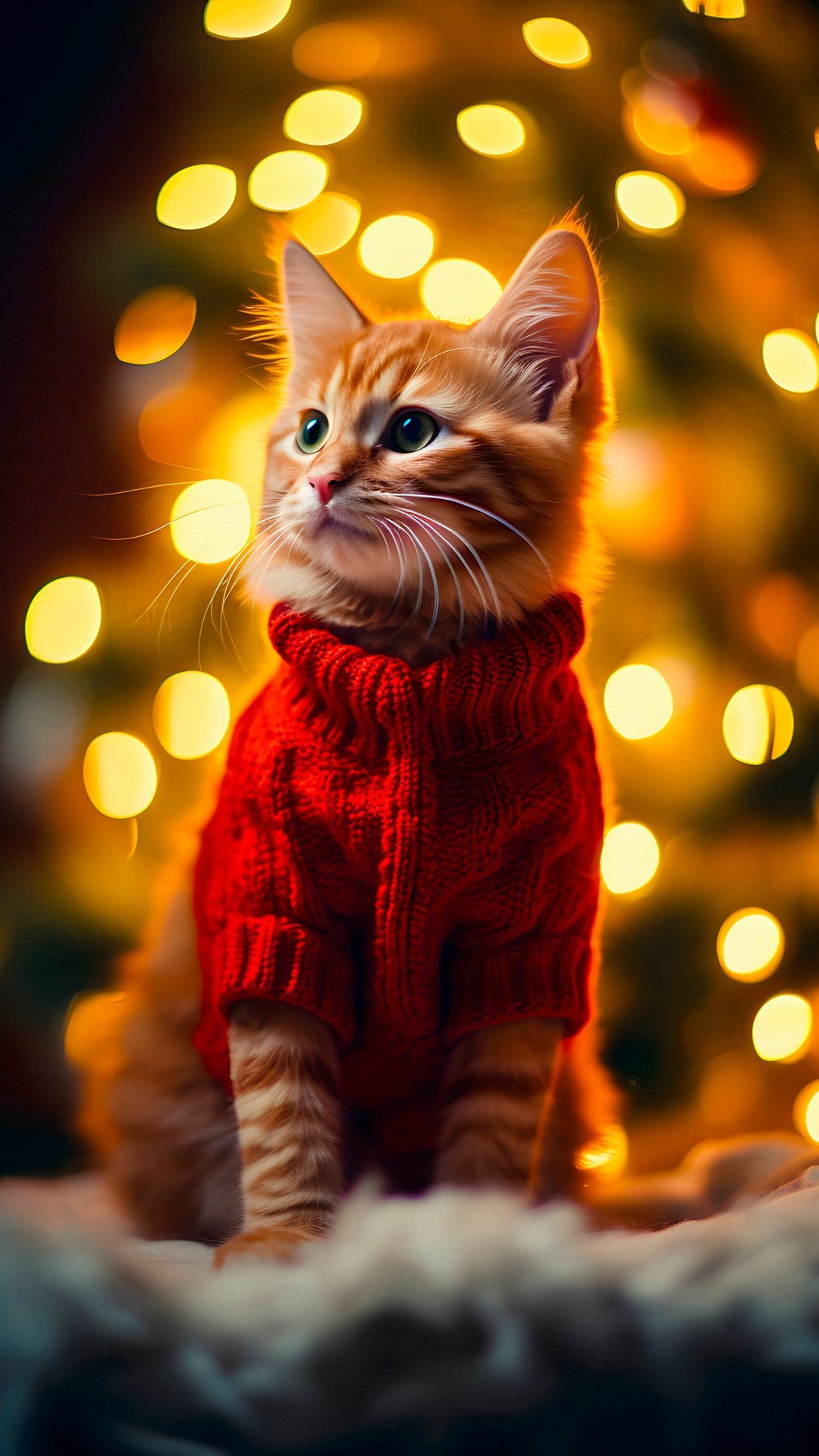 Orange tabby kitten wearing a red knitted sweater sitting before glowing golden bokeh holiday light ornaments.