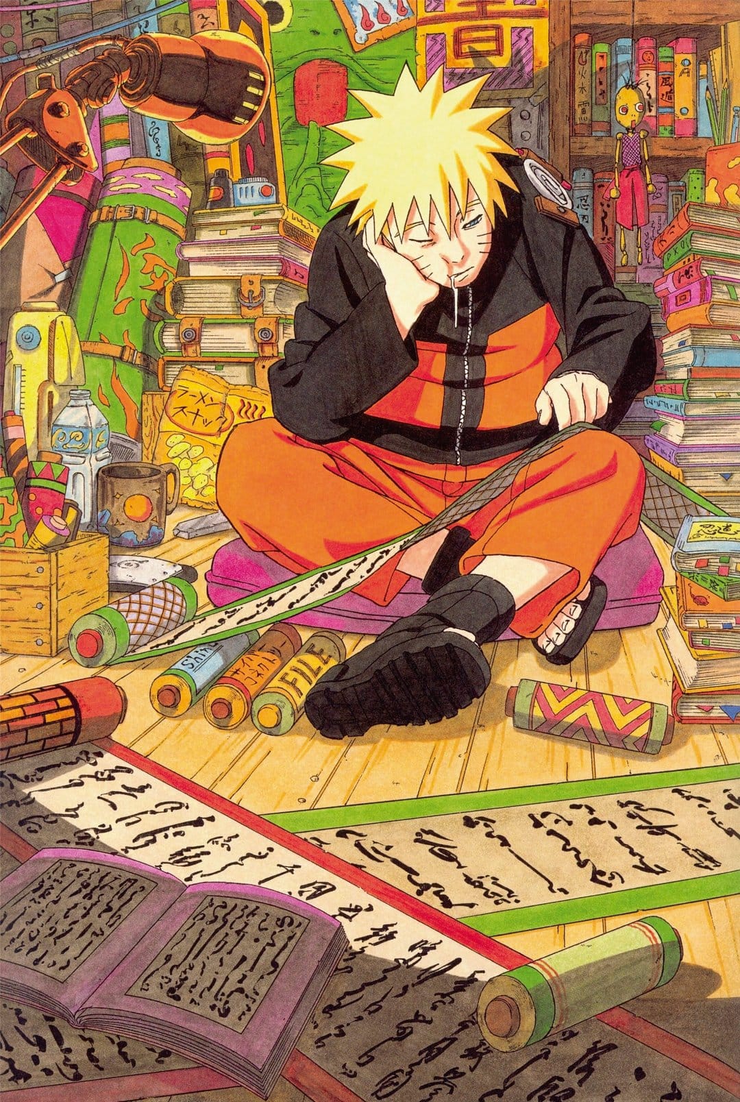Naruto Uzumaki dozes off while leaning on his hand amidst piles of old scrolls and open textbooks on the floor.