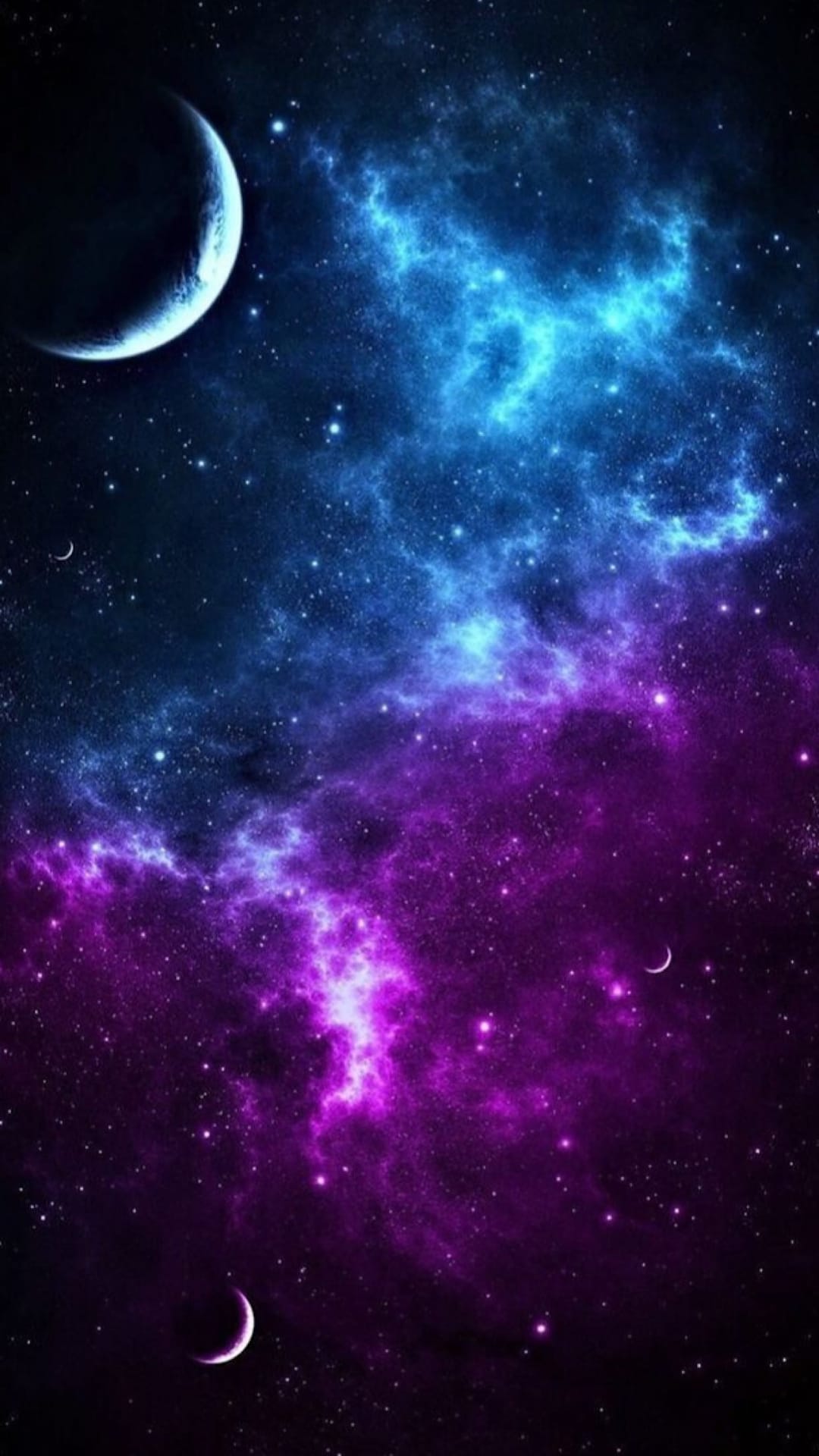 Crescent moons surrounded by swirling purple and blue nebula clouds with sparkling white stars in deep space.