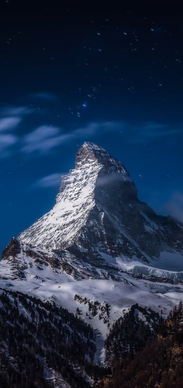 Matterhorn, Switzerland, Mountain, Night Sky, Stars, Snow, Alpine, Landscape, Scenic, Outdoors, Cold, Majestic, Blue, Winter, Nature, Peak, Zermatt, Europe, Serene, Photography