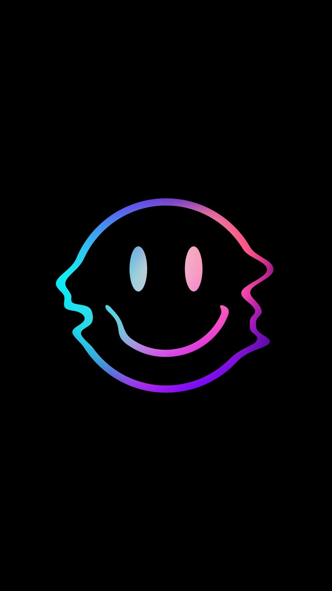 Melting smiley face with neon blue and purple gradients dripping slowly against a solid black background.