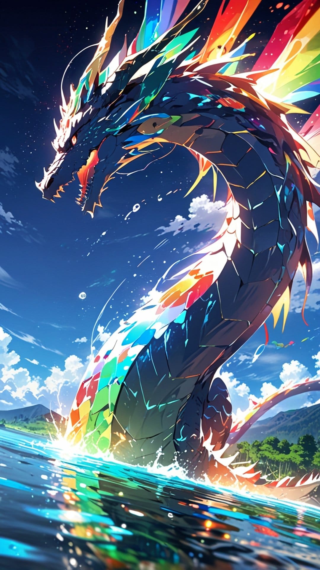 Rainbow serpent dragon with iridescent scales leaps out of blue water against a bright sky with white clouds.
