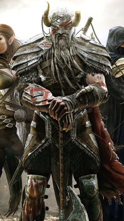 Elder Scrolls, Skyrim, Fantasy, Warrior, Nord, RPG, Gaming, Digital Art, Viking Inspired, Battle-Scarred, Character Ensemble, Elf, Hooded Figure, Epic, Adventurers, Medieval, Lore, Heroic, Armor, Weapons