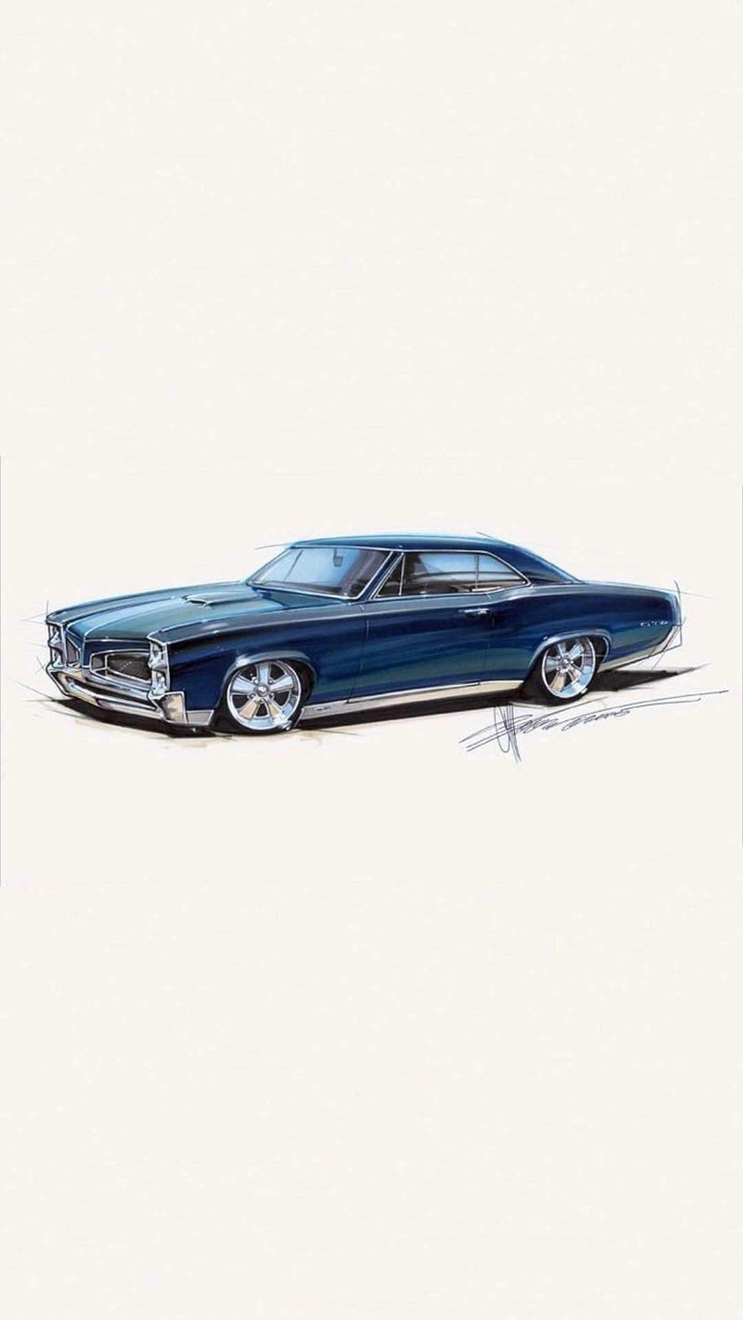 Blue Pontiac Bonneville coupe features chrome bumpers, custom wheels, and a detailed front grille sketch.