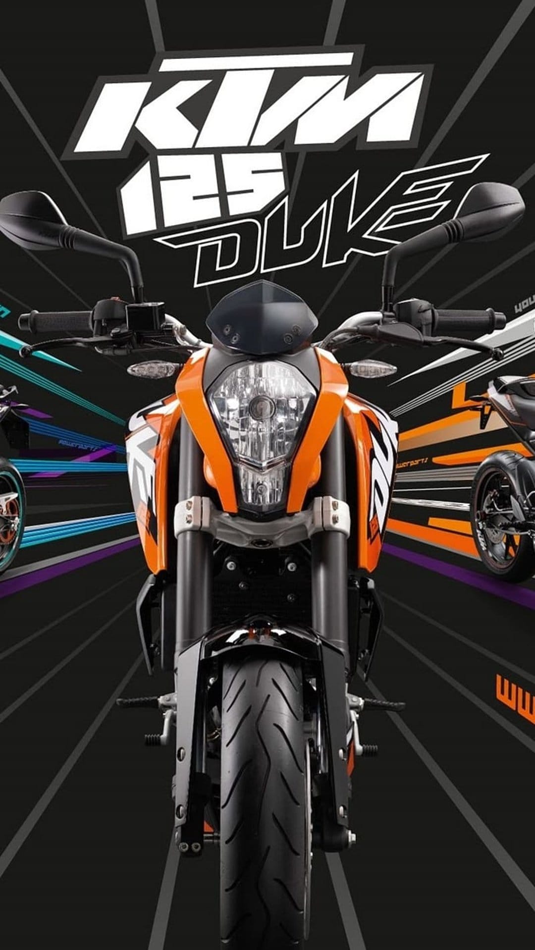 KTM 125 Duke motorcycle with an orange trellis frame and sharp bodywork parked on a city street at dusk.