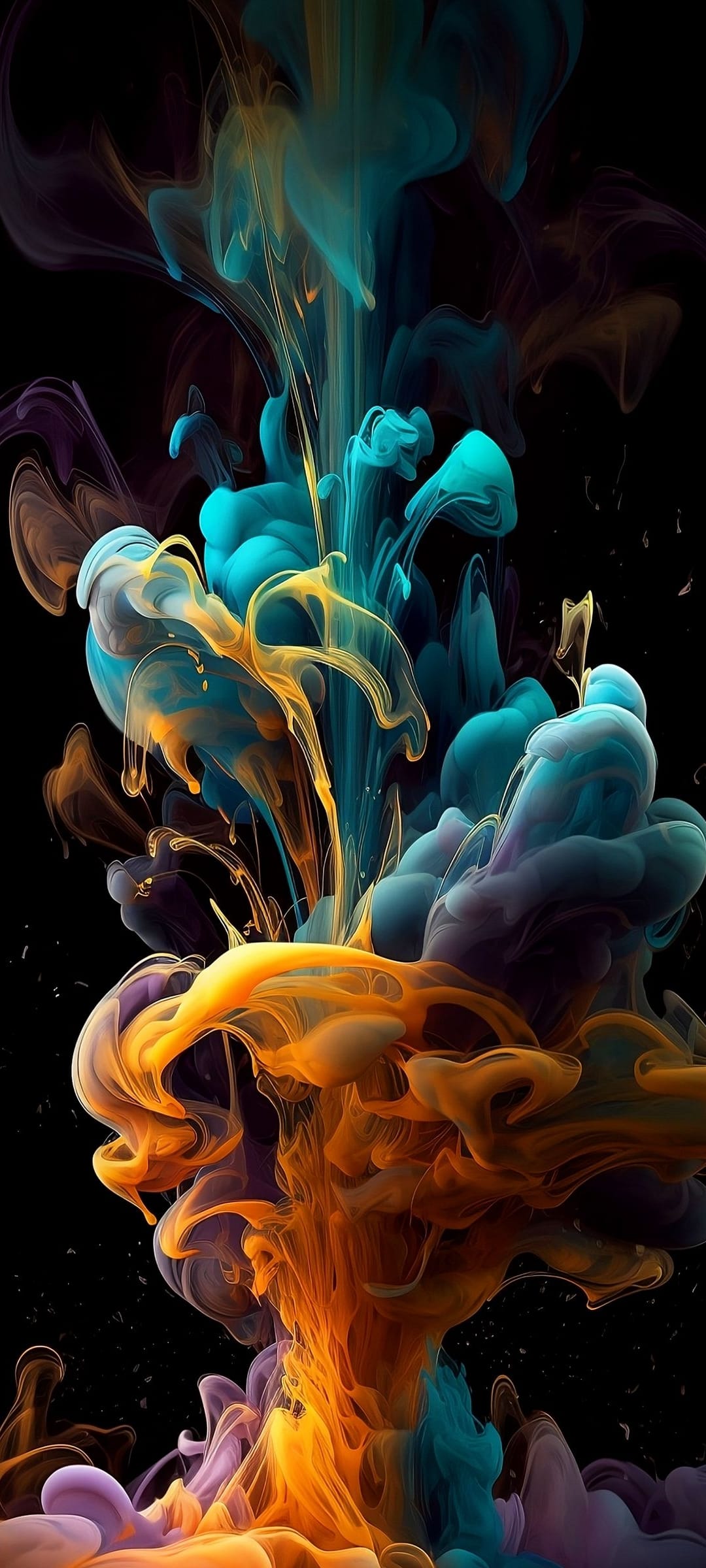 Plumes of teal and orange ink expand through dark liquid with delicate trails of violet and purple pigment.