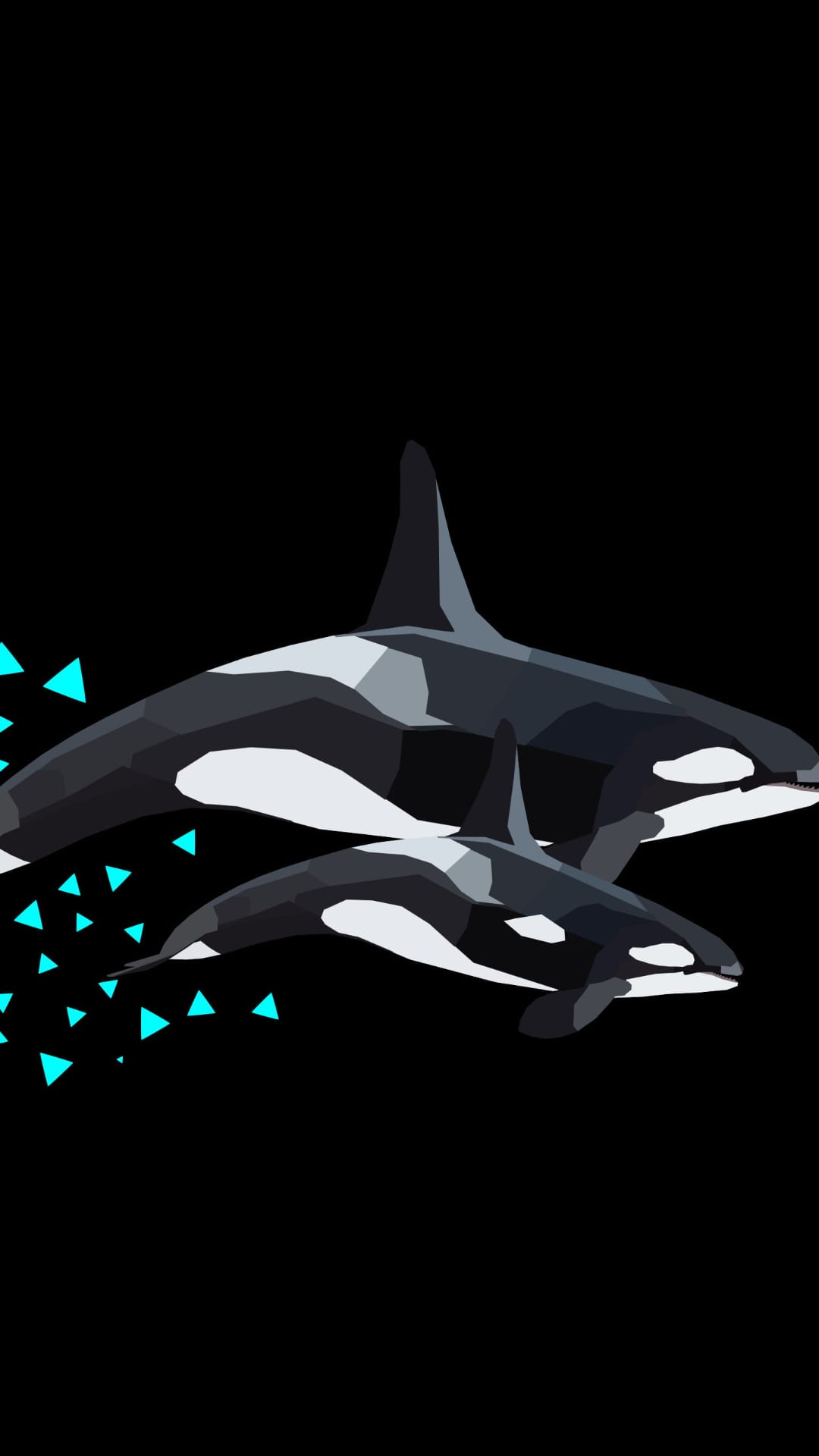 Adult orca and calf swim amidst floating blue triangles against a deep black background in a vertical layout.