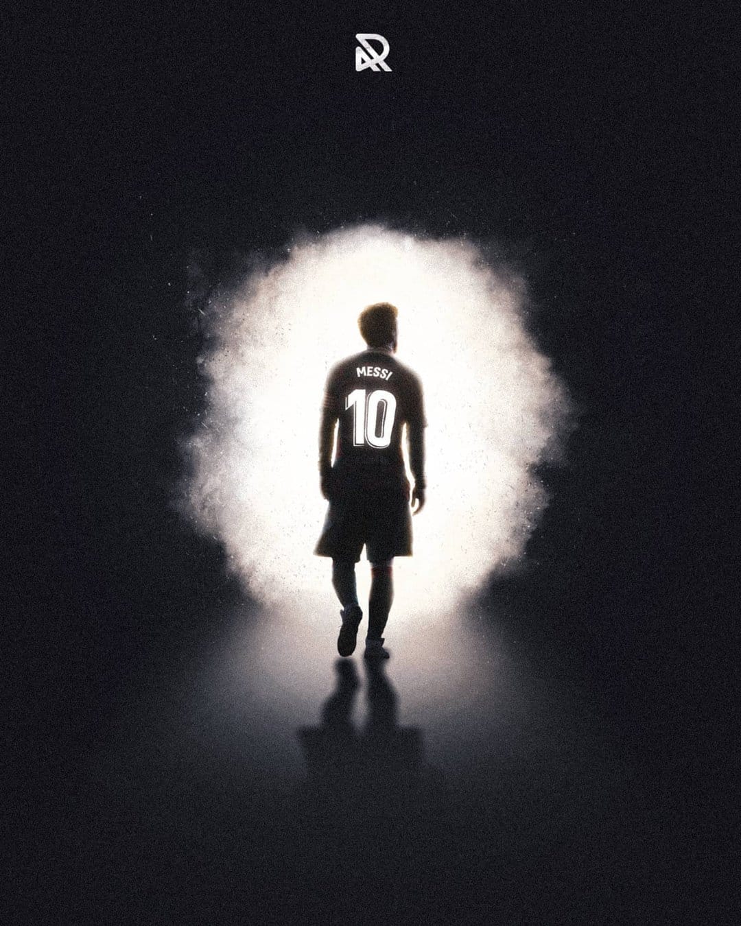 Lionel Messi wearing jersey number ten walks away from the viewer toward a bright white light in a dark space.