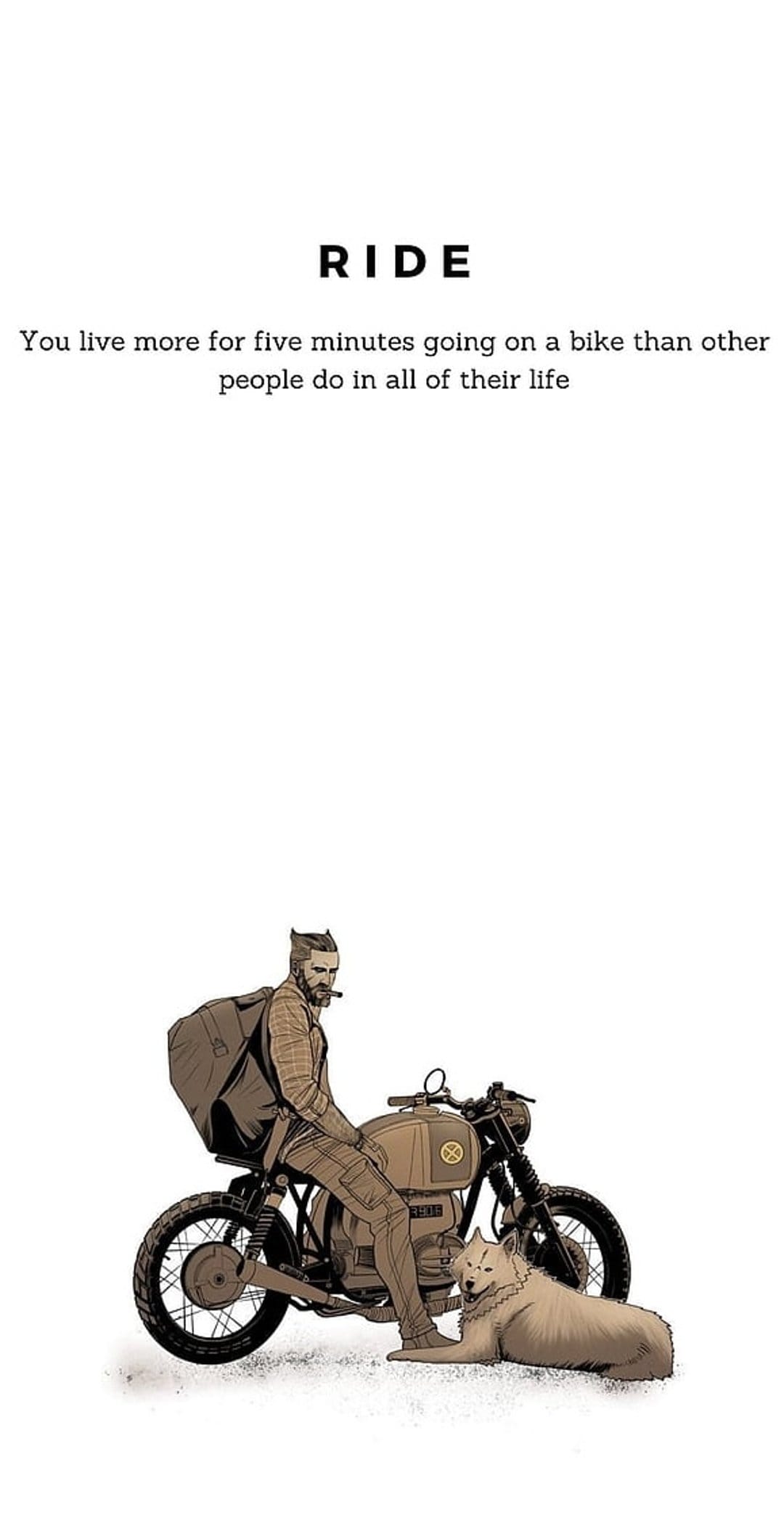 Bearded man with a backpack sits on a vintage motorcycle next to a fluffy dog under large bold text.