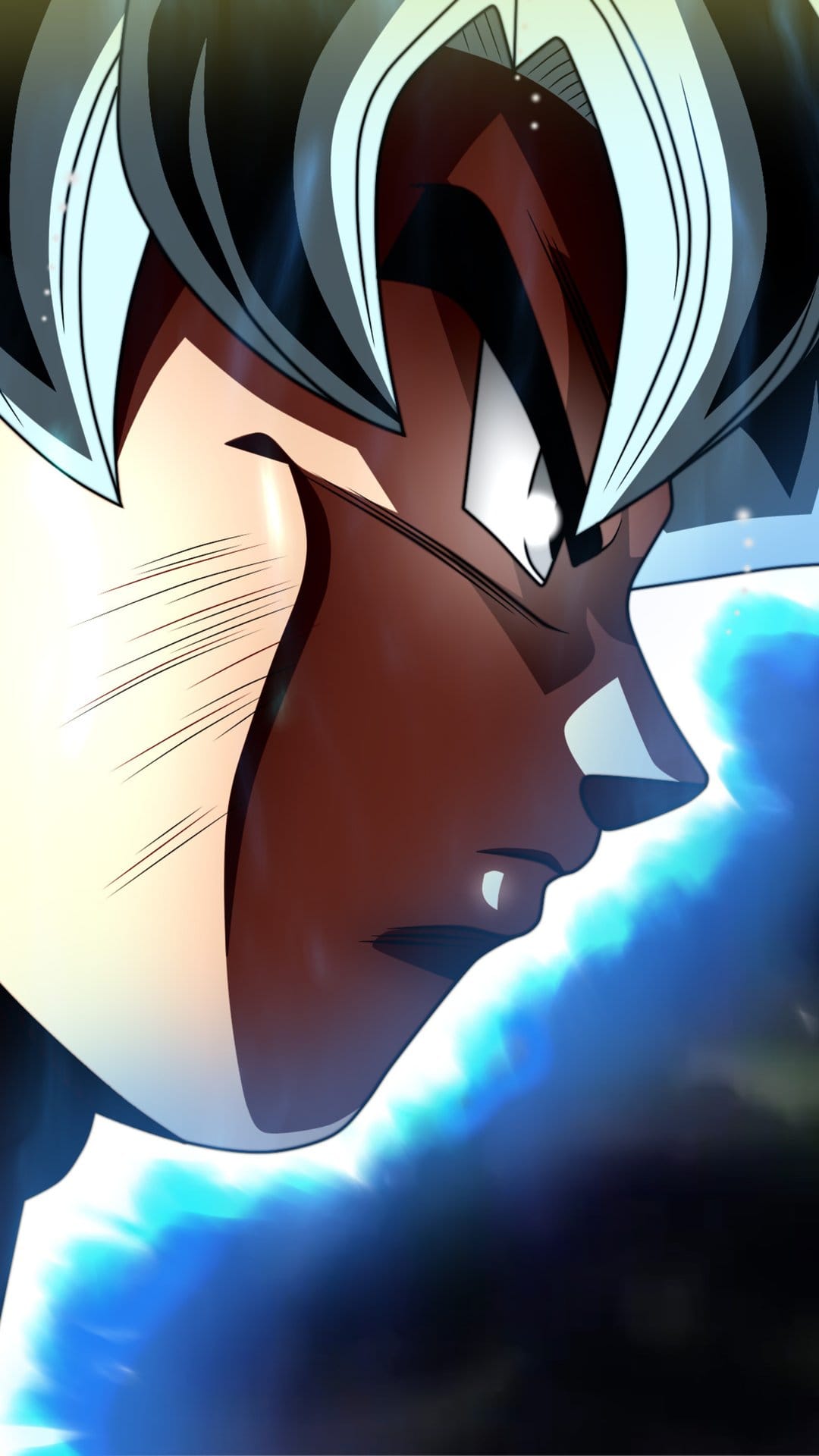 Goku features silver hair and glowing grey eyes while surrounded by a radiant blue and white energy aura.