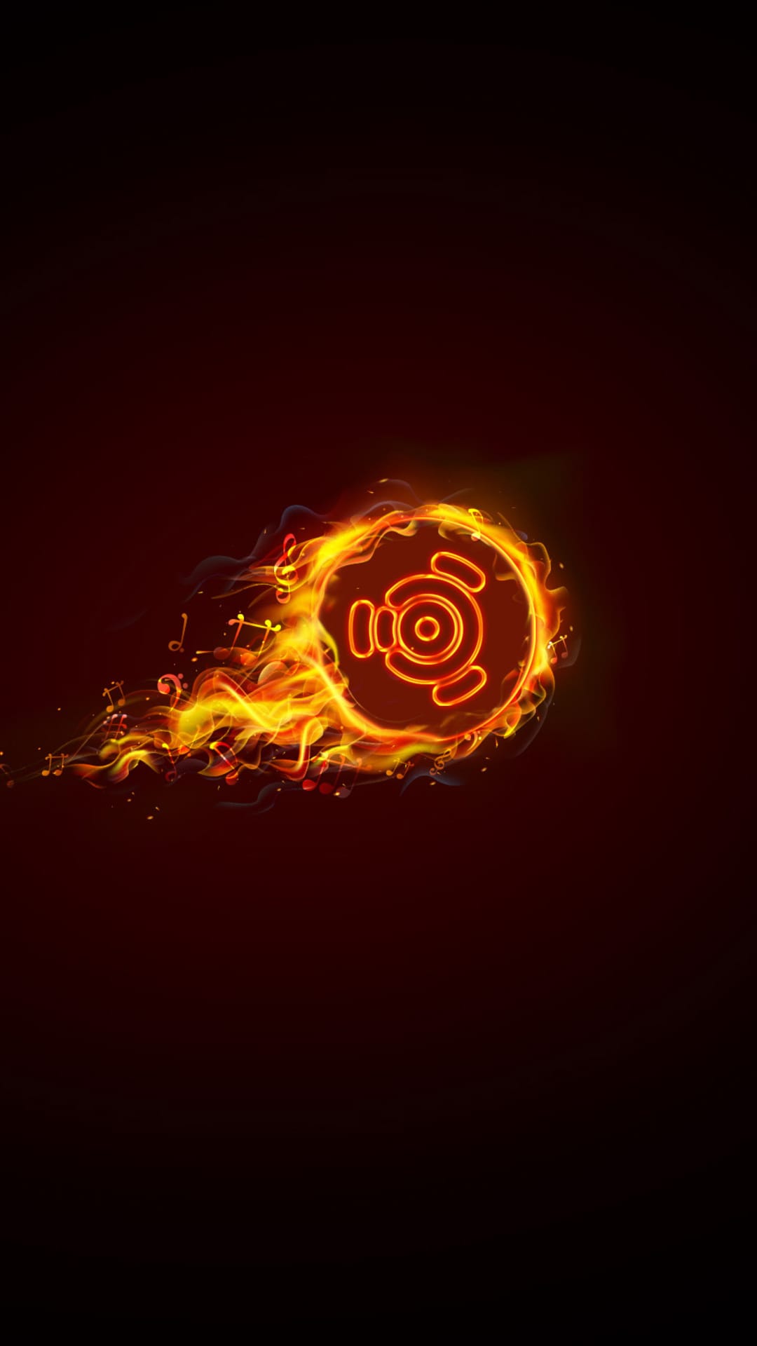 Ubuntu logo engulfed in orange flames with musical notes drifting against a dark red and black background.