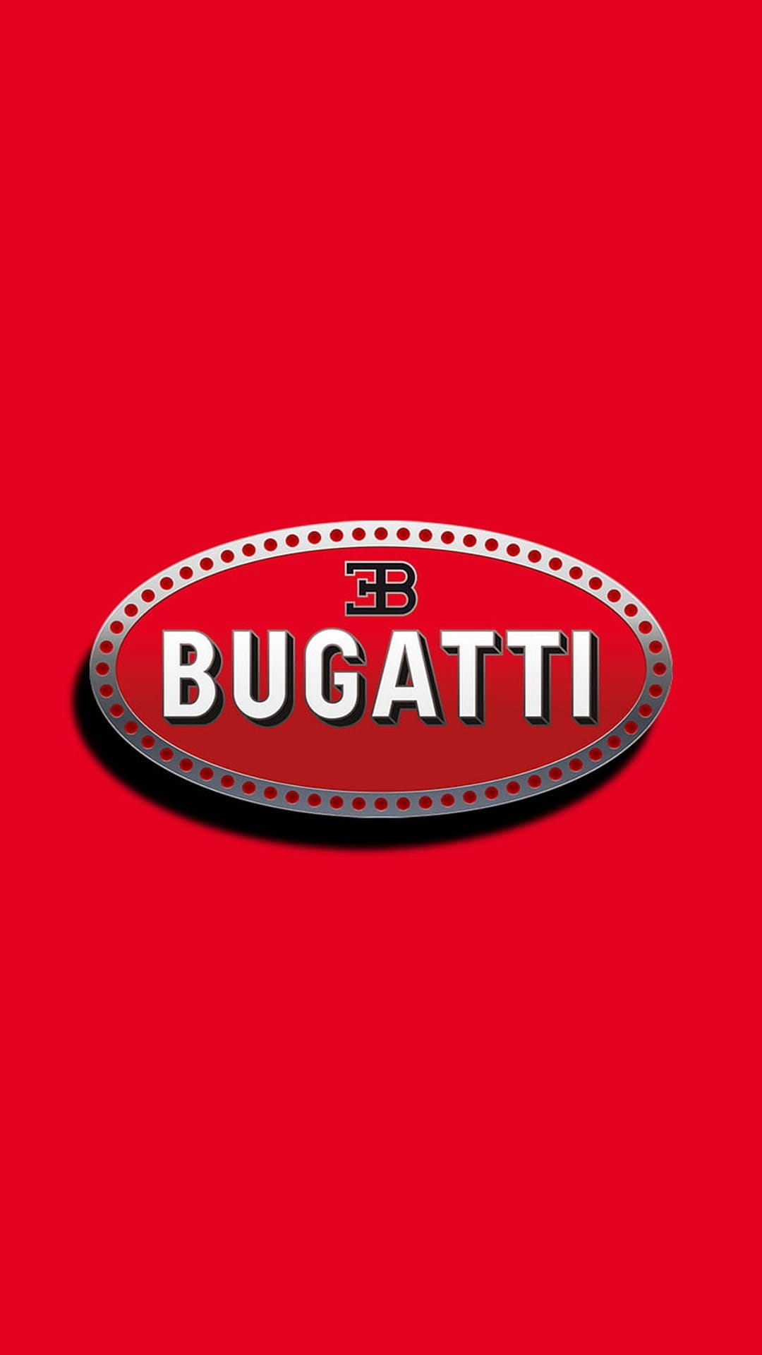 Bugatti oval logo with silver EB initials and white lettering centered on a flat, vibrant red background.