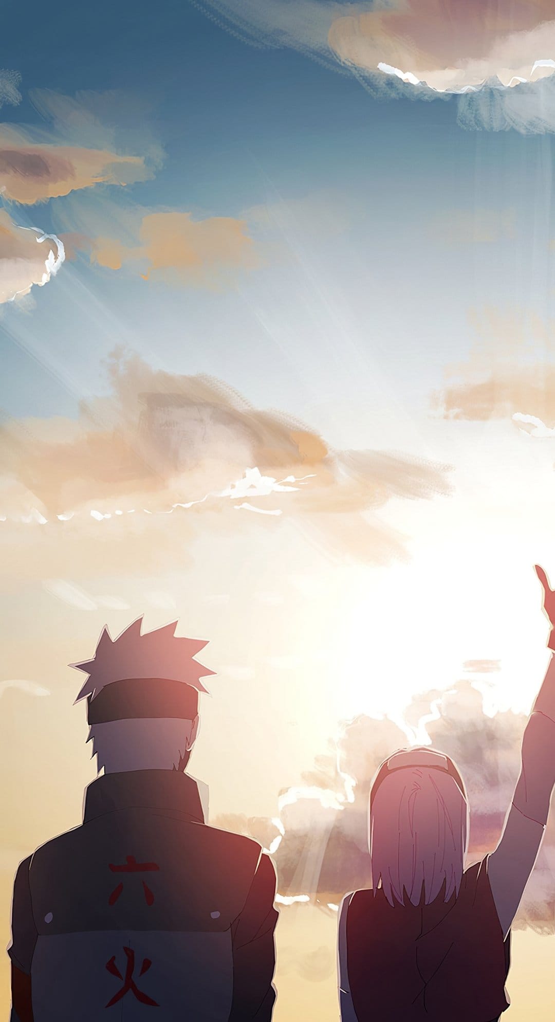 Kakashi and Sakura stand back-to-back overlooking a sunlit Konohagakure with golden clouds and light rays.