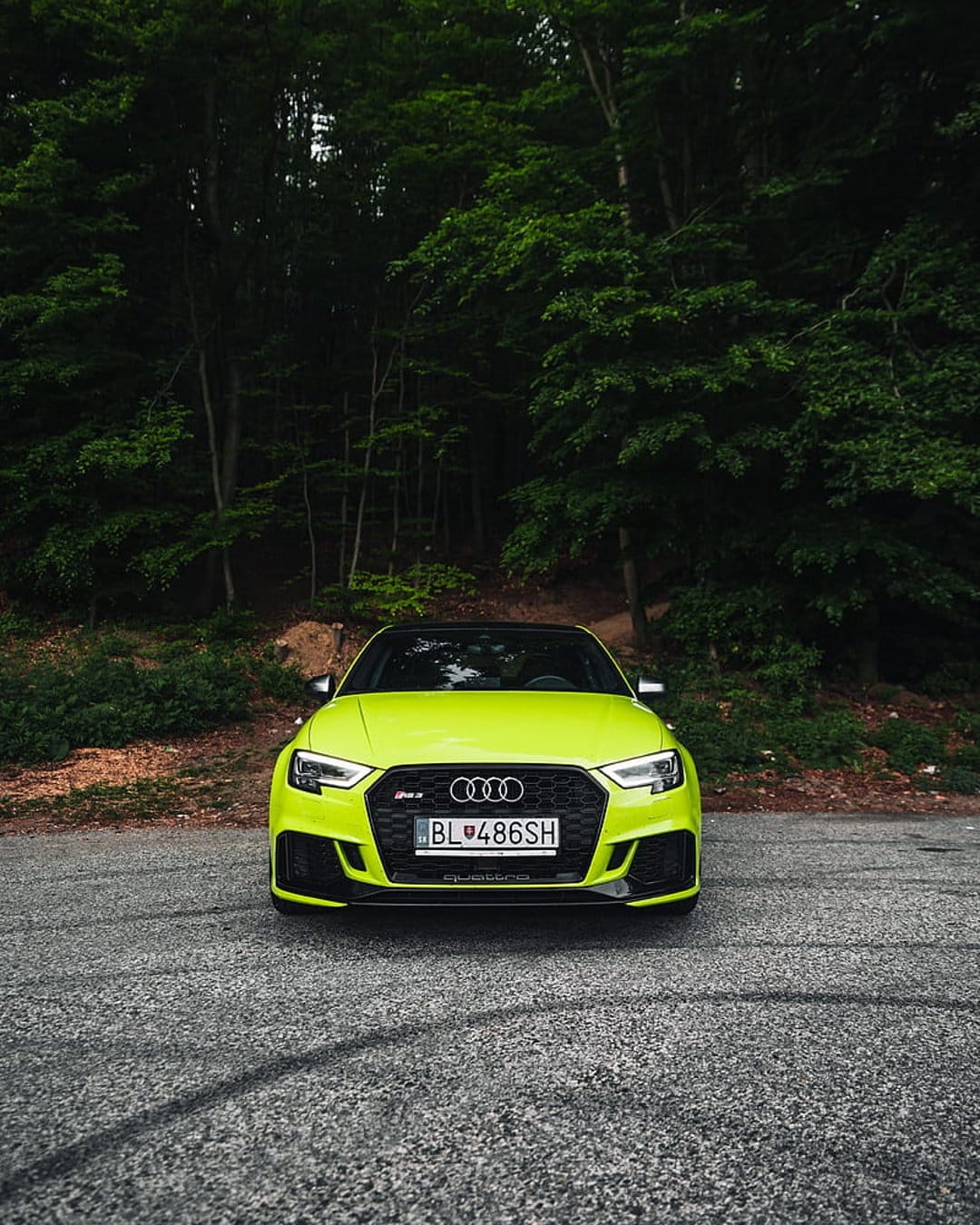 Lime green Audi RS3 with sharp headlights parked on a gravel road surrounded by dense dark pine trees.