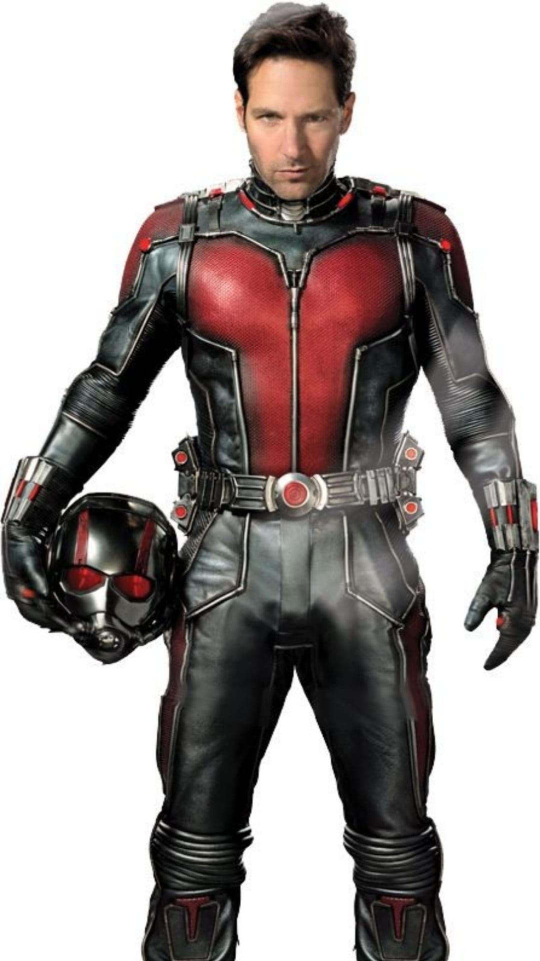 Ant-Man stands in a red and black armored suit holding a silver helmet with glowing red eyes in a studio portrait.