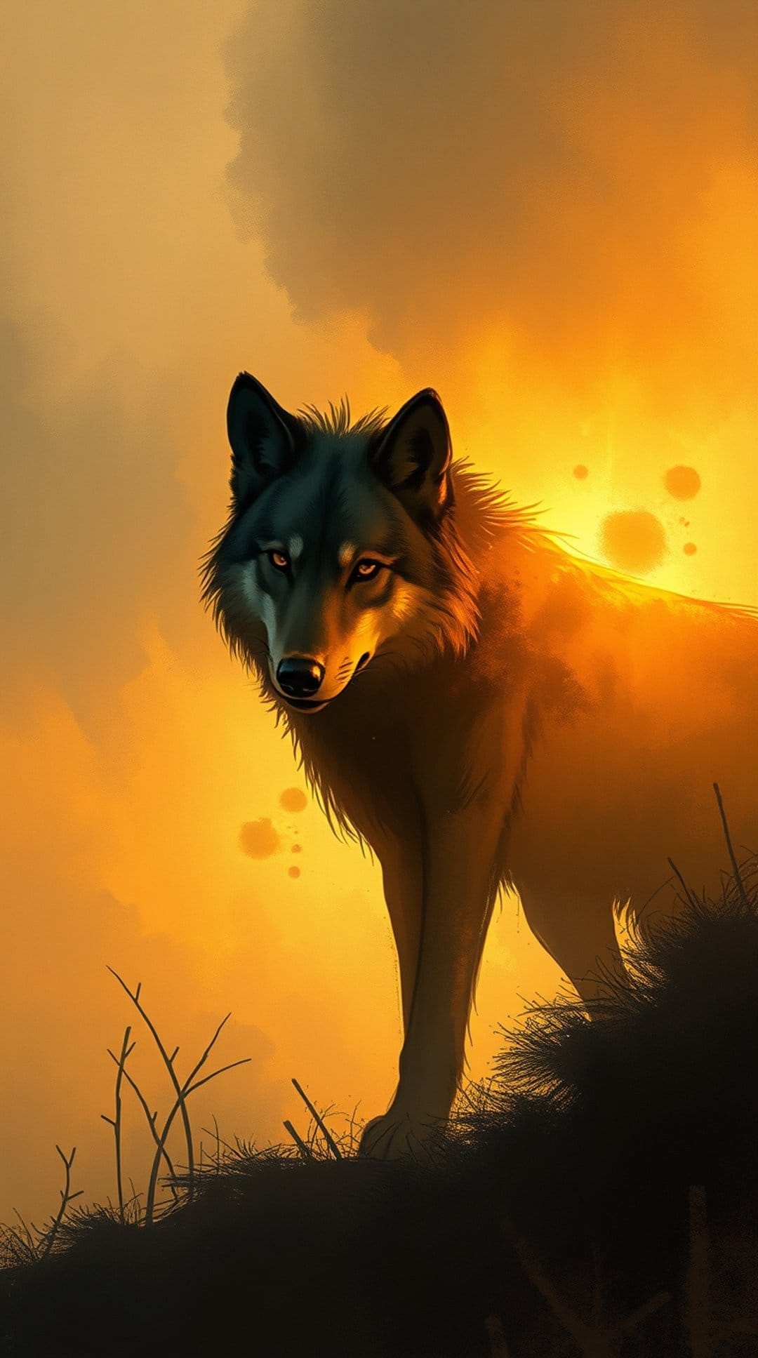 Wolf standing on a grassy hill at sunset with golden light rimming its fur against a dark stormy sky.