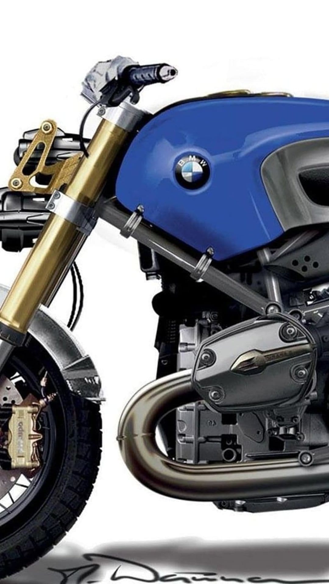 Blue BMW motorcycle front section featuring a metallic engine, fuel tank logo, and silver suspension forks.