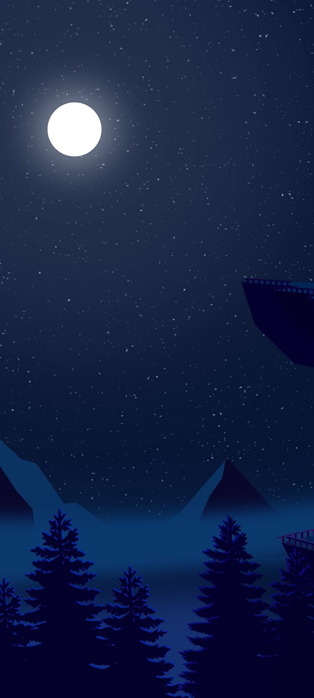 Luminous full moon shining over silhouetted pine trees and foggy mountain peaks under a dense starry night sky.