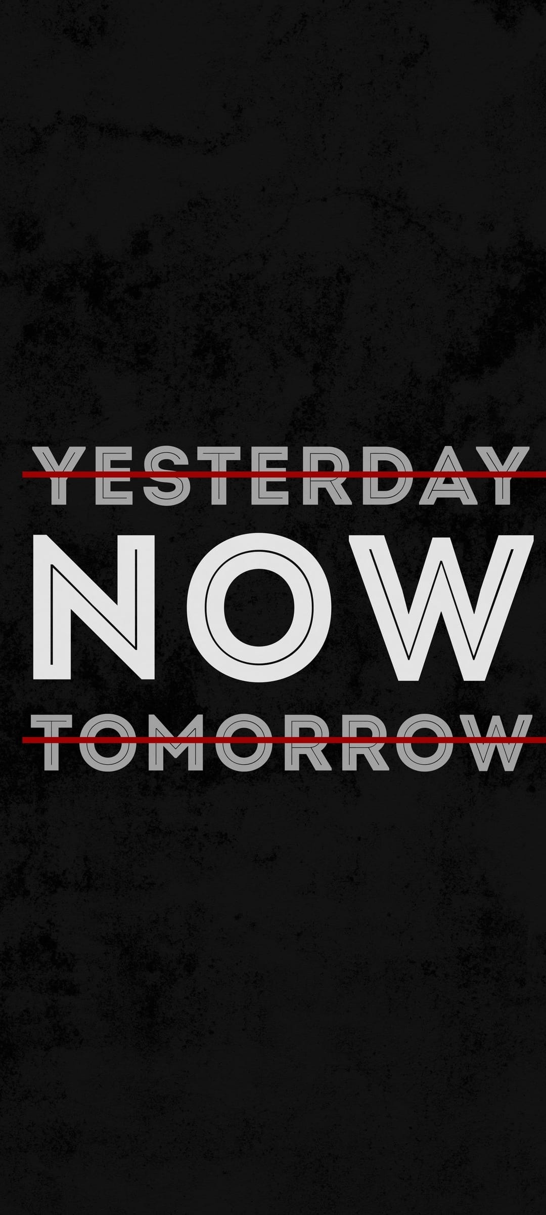 Bold text reading NOW sits between Yesterday and Tomorrow crossed out by a thin red line on a dark background.