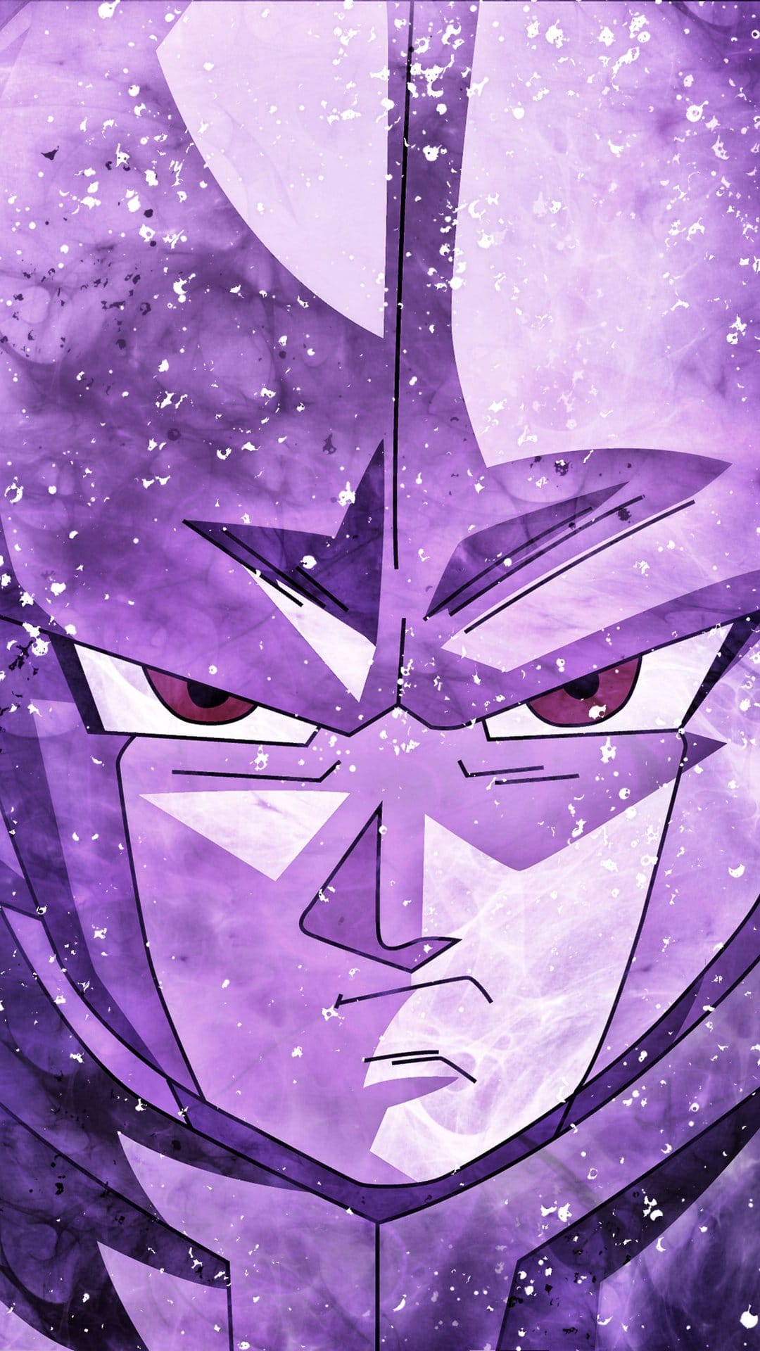 Hit from Dragon Ball Super shows a stoic face with purple skin and textured grunge splatters in a close-up portrait.