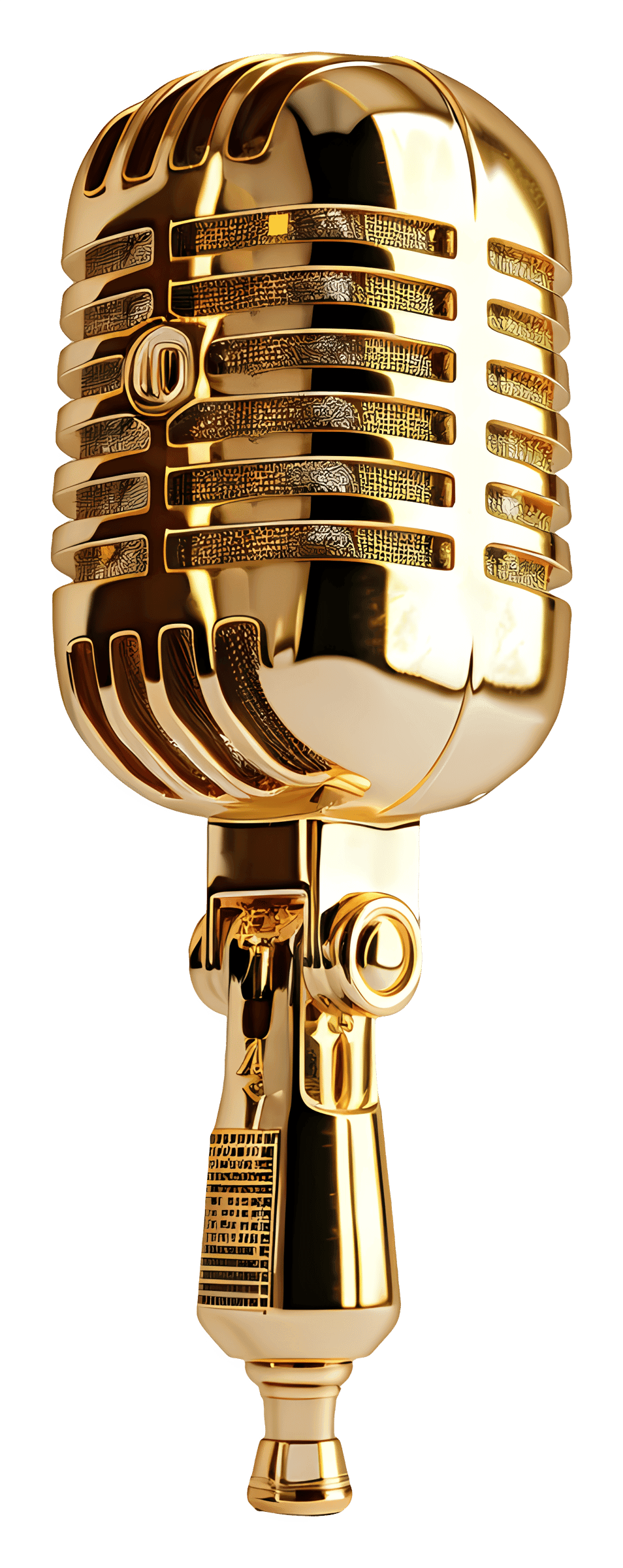 Golden vintage microphone features a polished metallic finish, classic mesh grill, and sleek vertical stand.