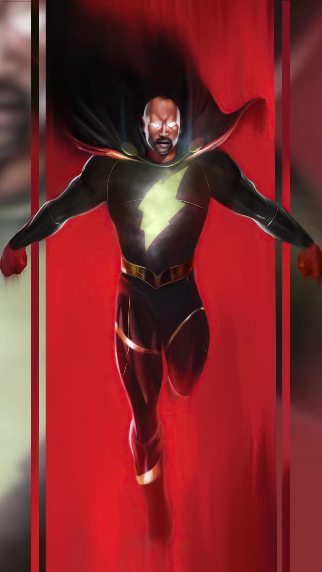 Black Adam flies forward with glowing white eyes and a golden lightning bolt against a blurred red background.