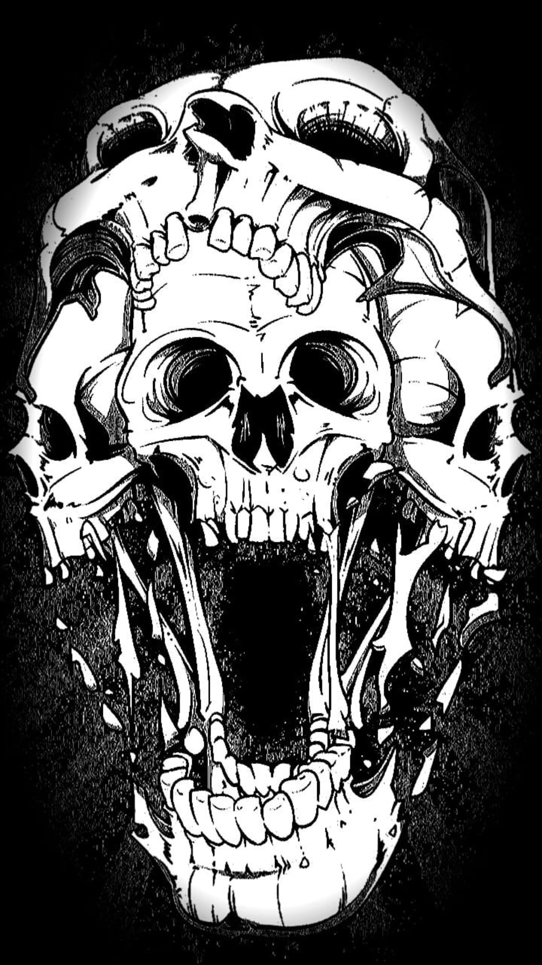 Screaming skull with wide jaw surrounded by layered skeletal faces in a high-contrast black and white style.