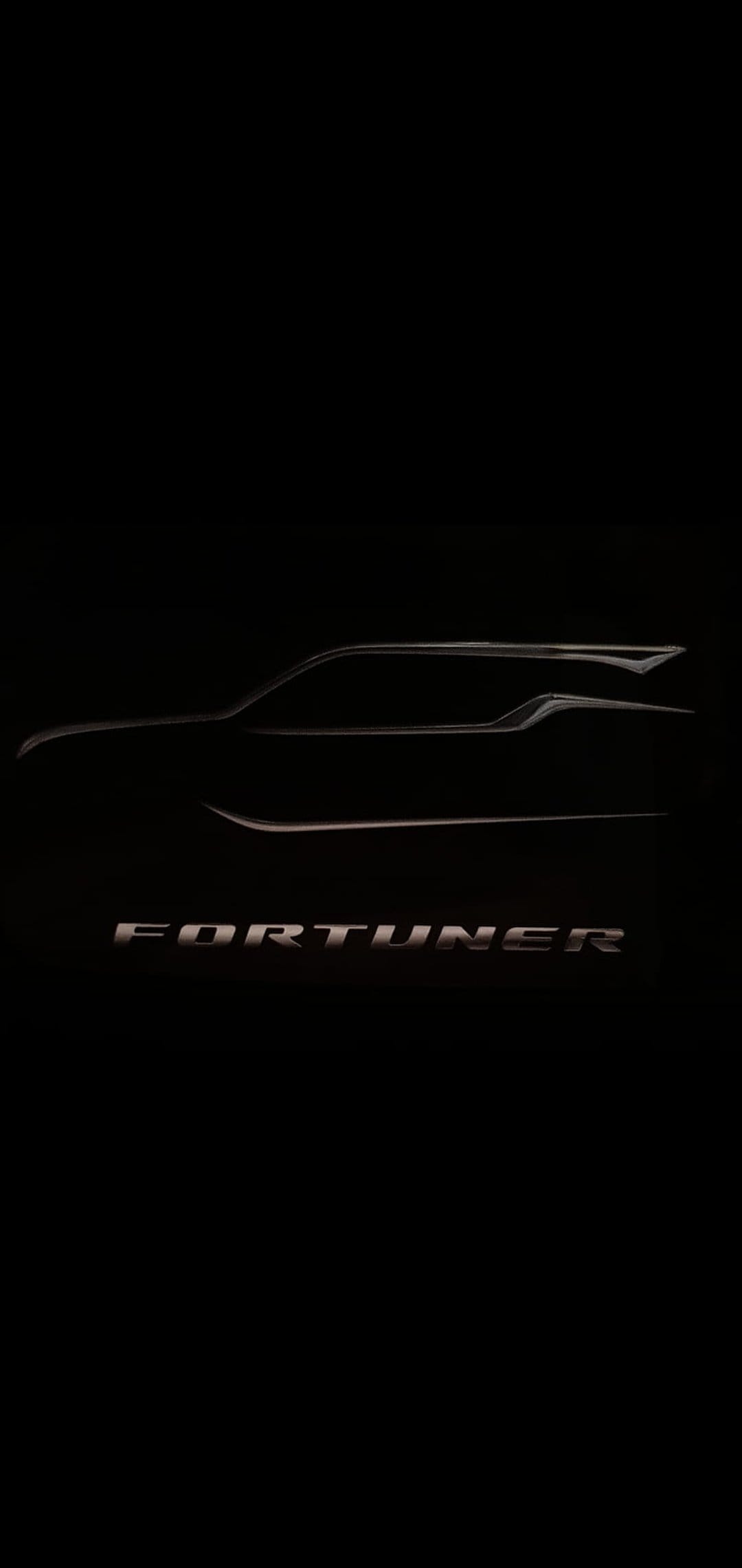 Toyota Fortuner SUV silhouette with glowing model lettering against a solid black backdrop for mobile displays.