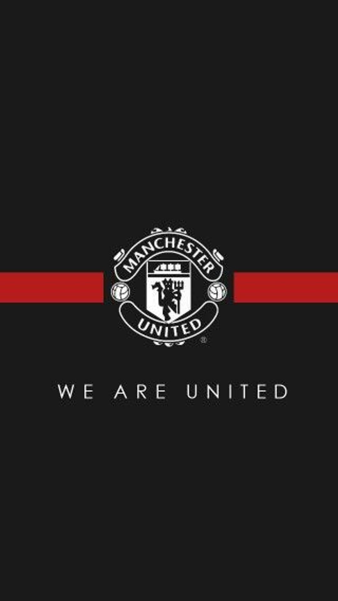 Manchester United crest in white over a bold red horizontal stripe and WE ARE UNITED text on a black background.