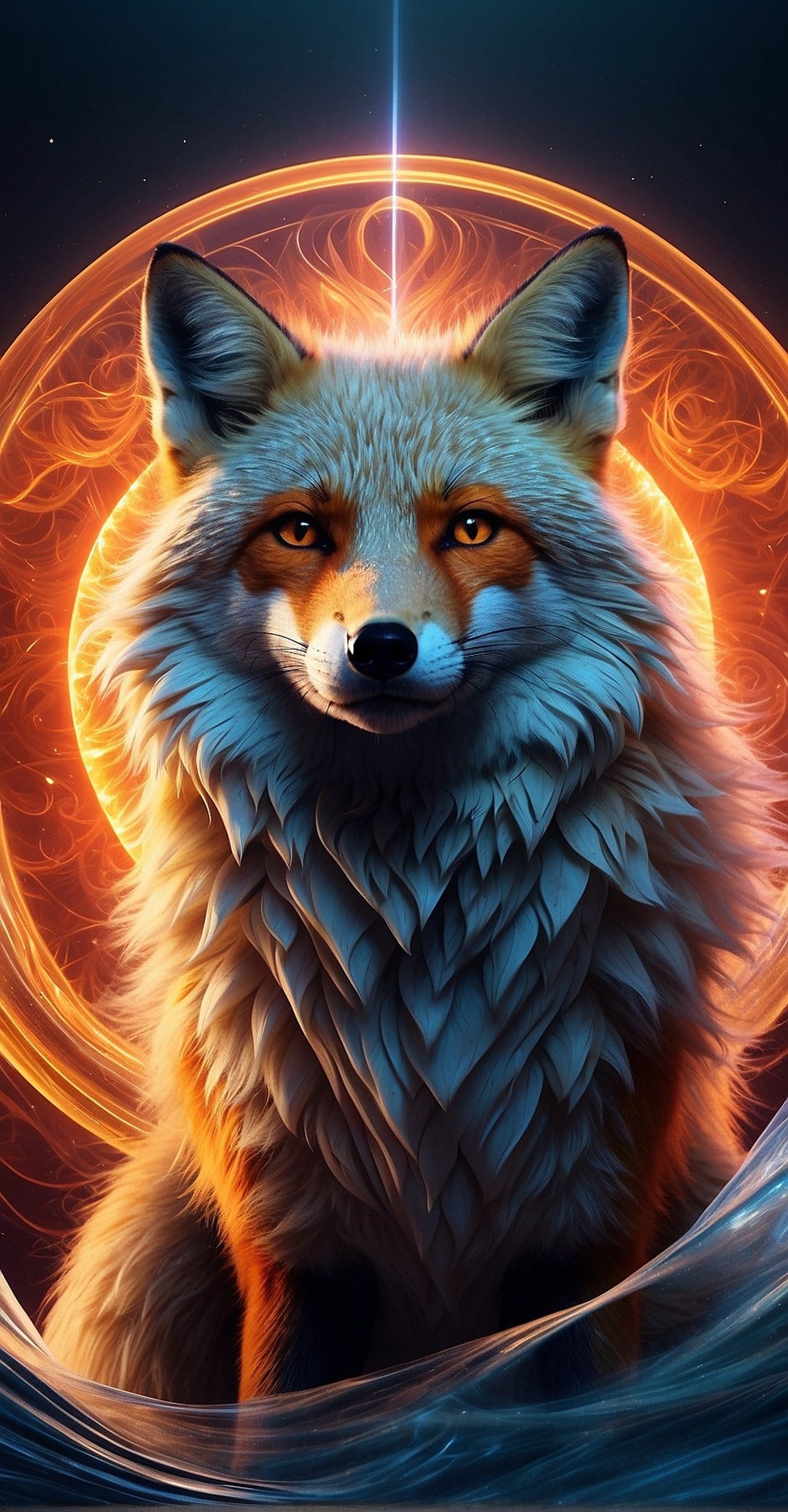 White fox spirit stands within a circular orange halo and a sharp vertical beam of blue light in space.