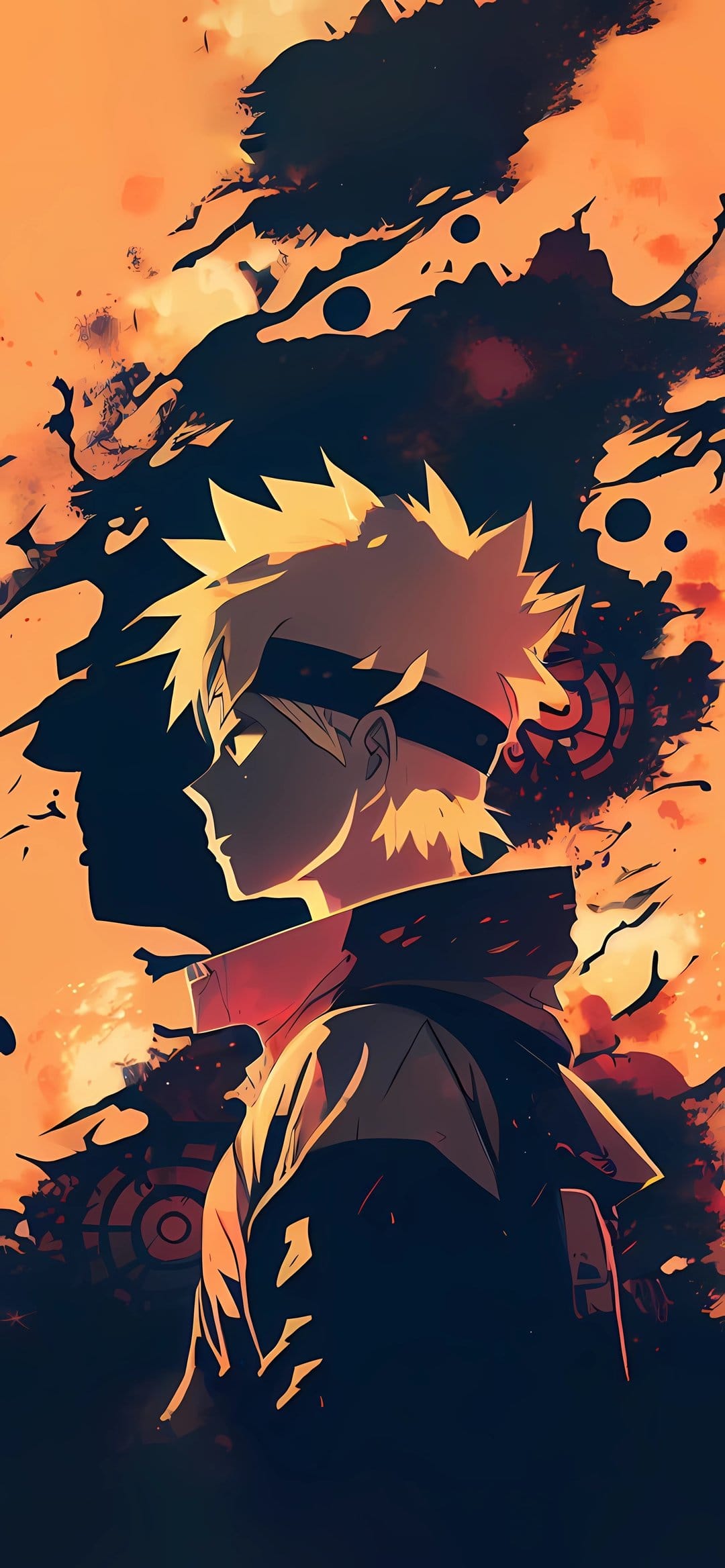Boruto Uzumaki in profile with spiky yellow hair against a vibrant orange and black abstract background.
