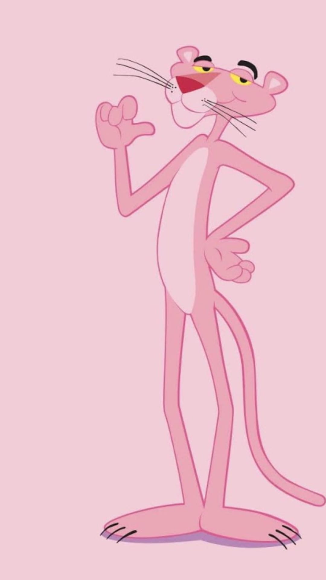 Pink Panther standing with one hand waving and the other on his hip against a flat pastel pink background.