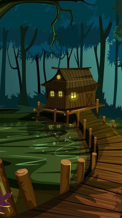 Shack in the swamp Bayou house,Cartoon forest and house with a boardwalk digital art, Fantasy art landscapes, House cartoon, Landscape