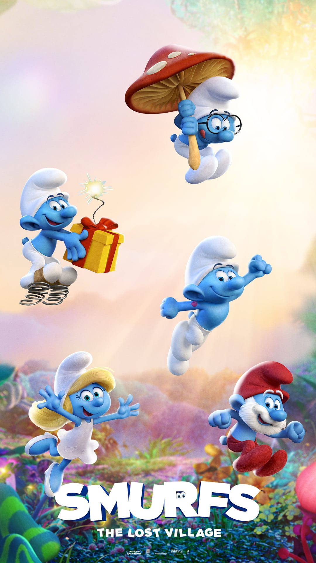 Smurfette, Papa Smurf, and Brainy Smurf stand in a forest with a mushroom umbrella and a blue logo below.