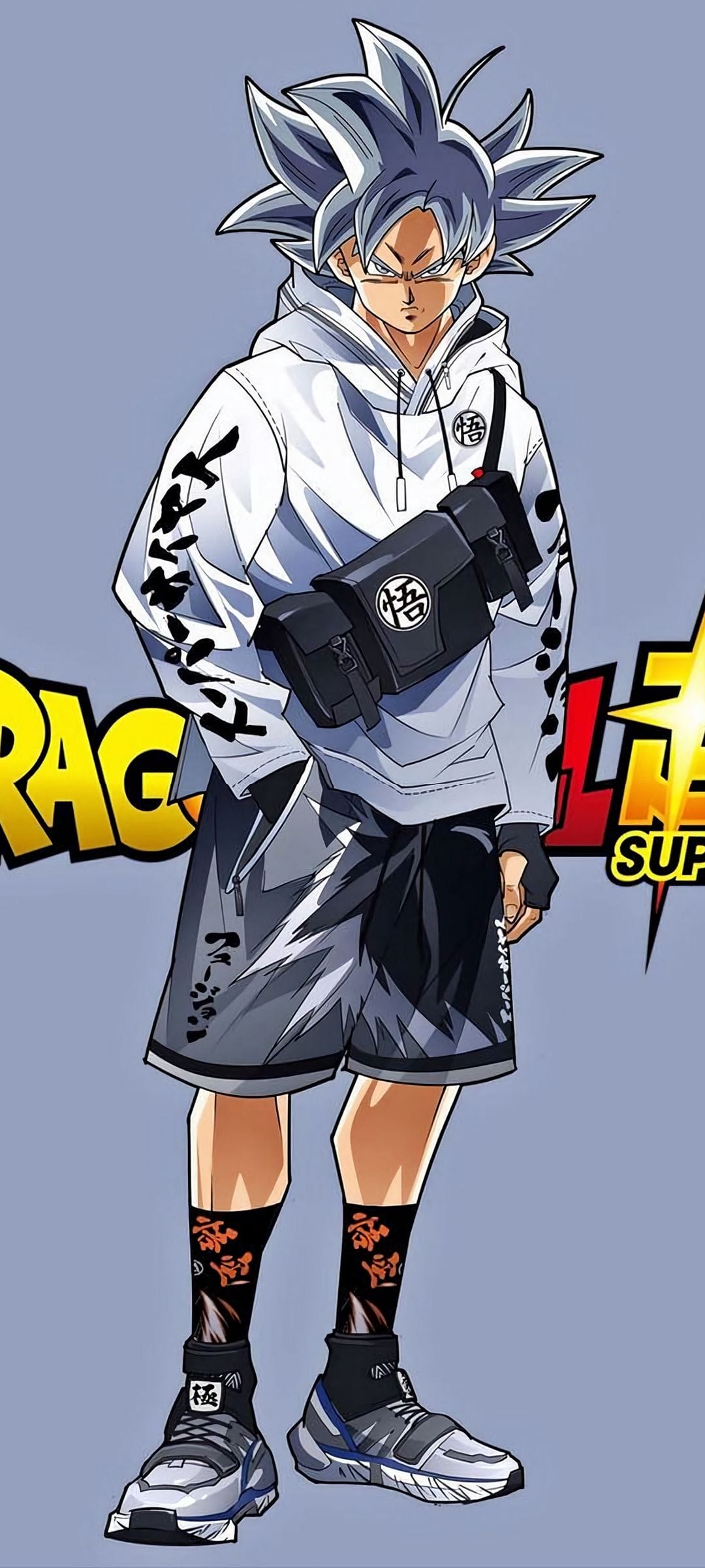 Goku in Ultra Instinct form wears a white hoodie, tactical bag, and sneakers against a solid studio background.