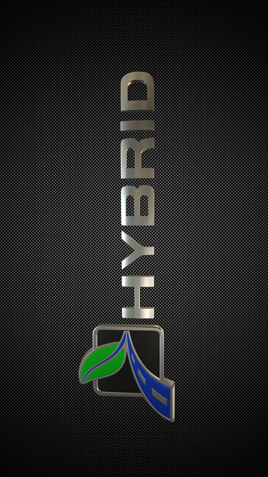 Polished metallic Hybrid lettering above a chrome badge with a green leaf on a black carbon fiber background.