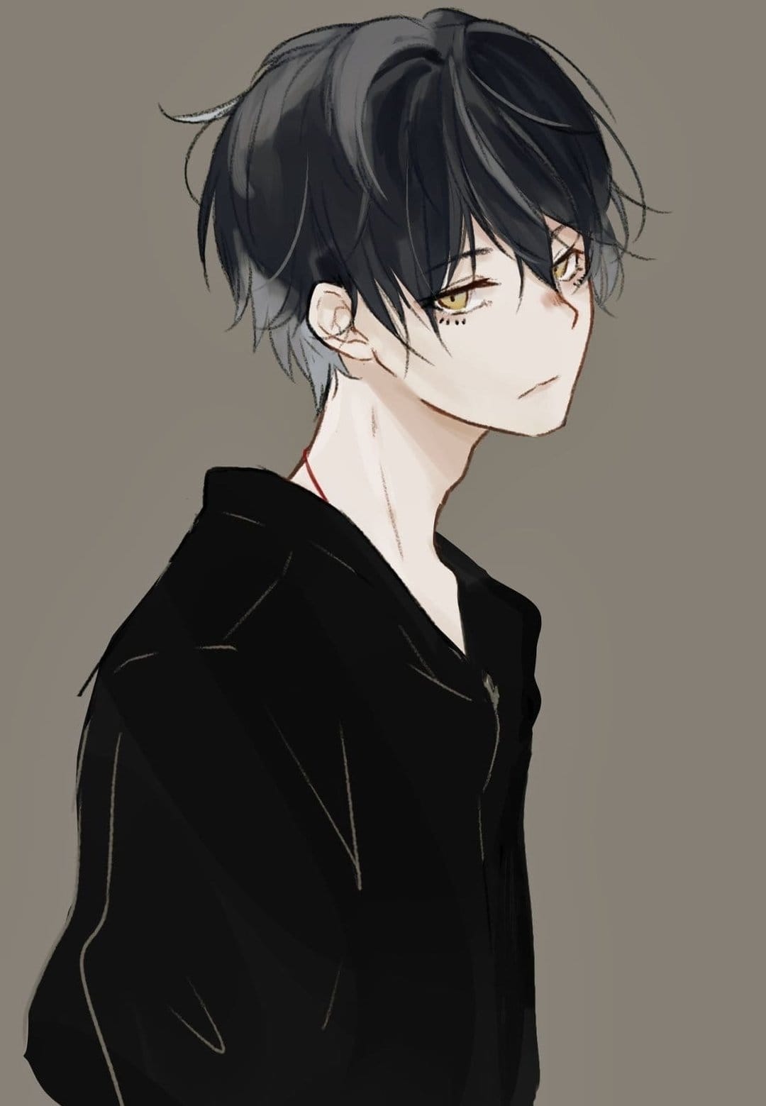 Anime boy with messy black hair, yellow eyes, and dark markings under his eyes posing against a grey background.