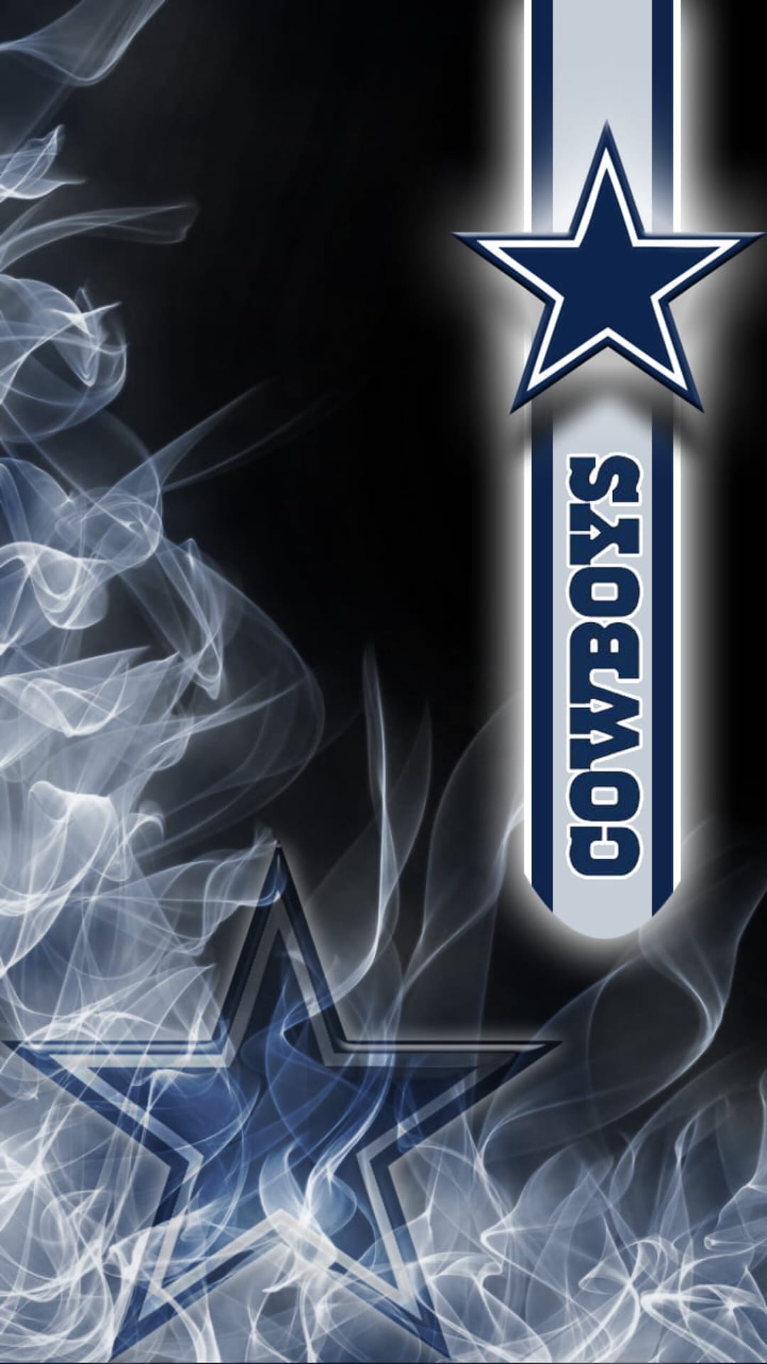 Dallas Cowboys star logo centered amidst swirling blue and white smoke tendrils on a dark textured background.