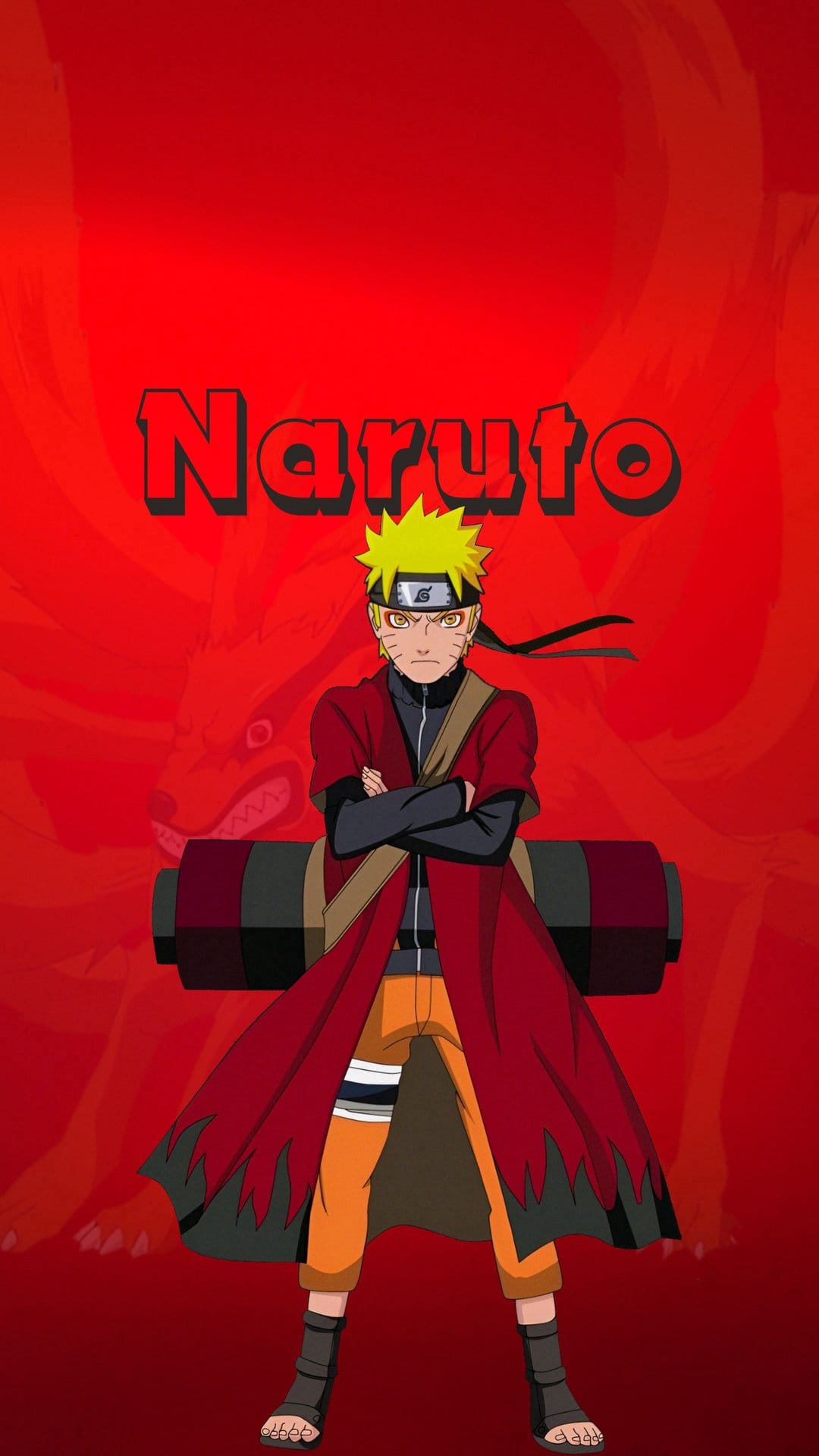 Naruto Uzumaki wearing orange gear stands before a red Nine-Tails Fox silhouette and Japanese kanji lettering.
