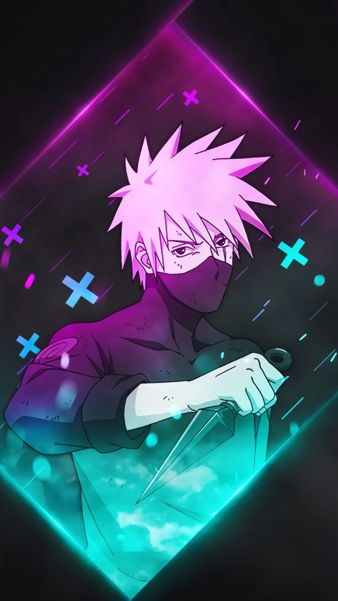 Kakashi Hatake holds a kunai surrounded by glowing purple and teal crosses against a dark black background.