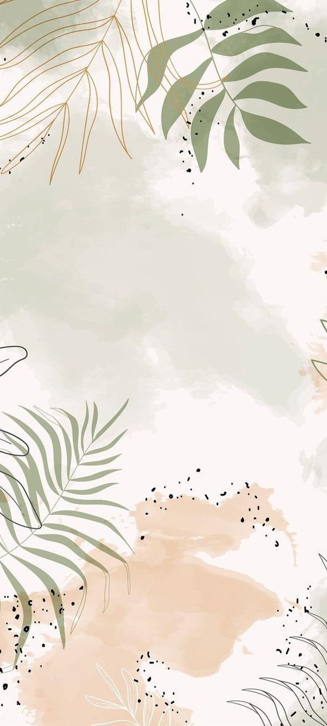 Monstera leaf line art overlays peach and sage green watercolor splashes with small black speckled dots.