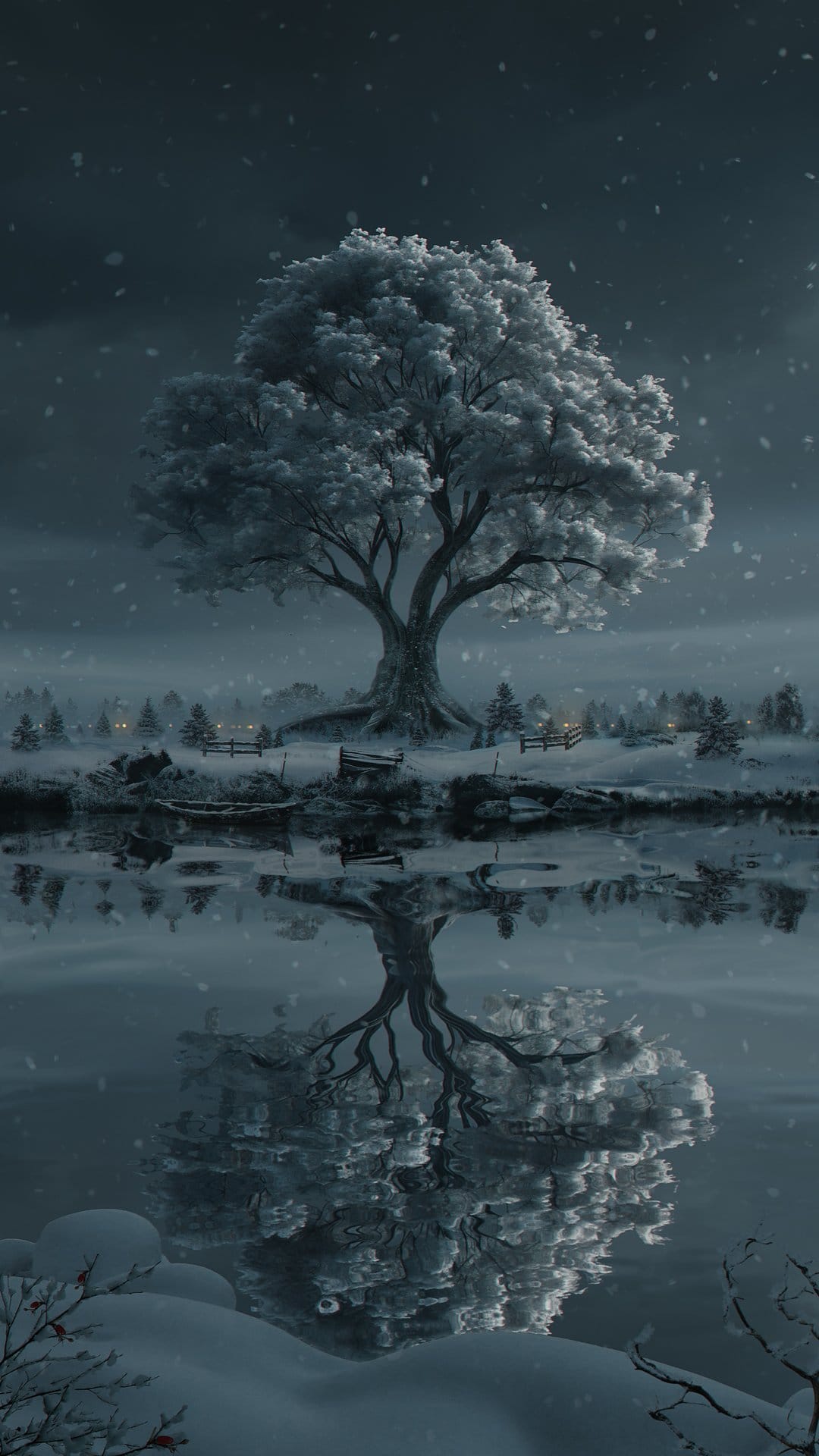 Snow-covered tree with bare branches reflects in a calm pond during a midnight snowfall with distant lights.