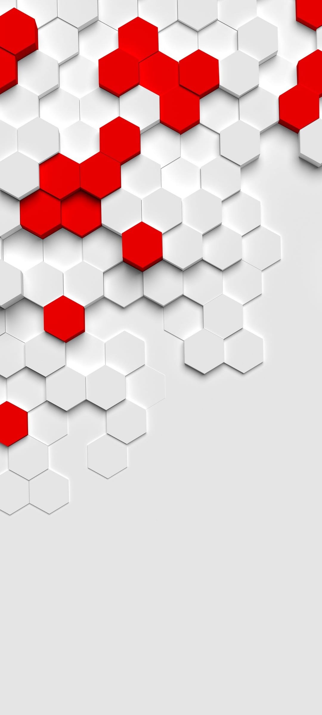 Staggered white hexagonal tiles create a 3D honeycomb pattern featuring several scattered bold red accents.