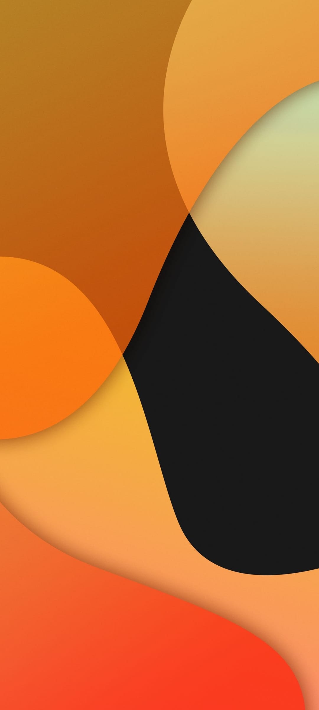 Orange and gold curved layers swirl against a dark black background in a rhythmic, abstract wave pattern.